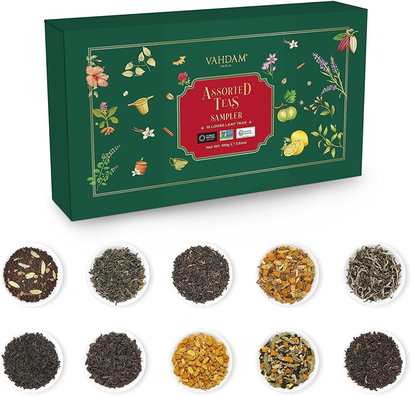 Top 10 Favourites Tea Sampler Set | Loose Leaf Tea (50+ Cups) | Tea Variety Pack with Green, Herbal, Black & Chai Brew | Vacuum Sealed For Freshness | Brew Hot & Cold