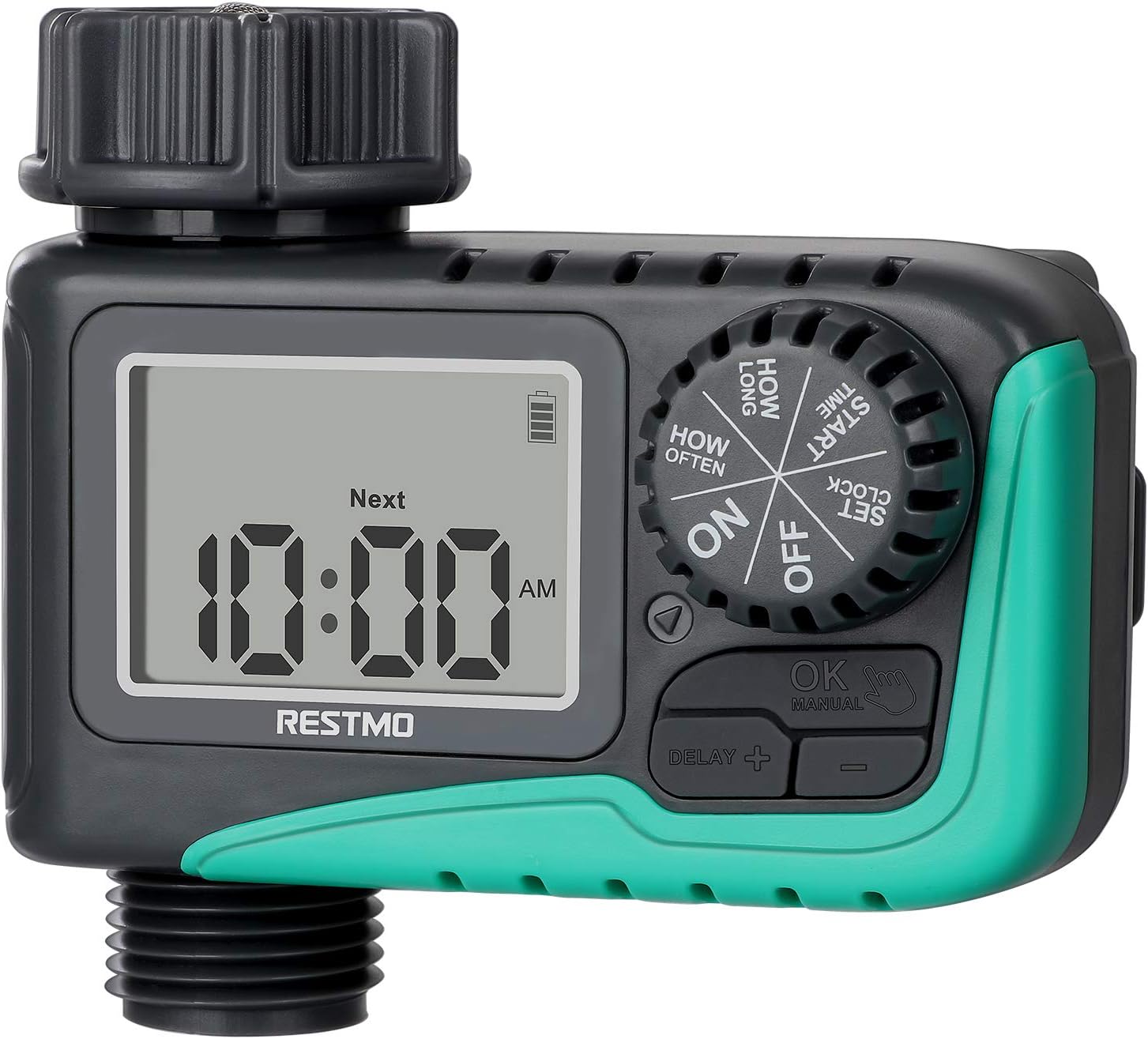 RestmoSprinkler Timer, Programmable Water Timer for Garden Hose, Outdoor Faucet, Drip Irrigation and Lawn Watering System, Compact Design | Automatic Digital Control | Manual ON/Off | Rain Delay