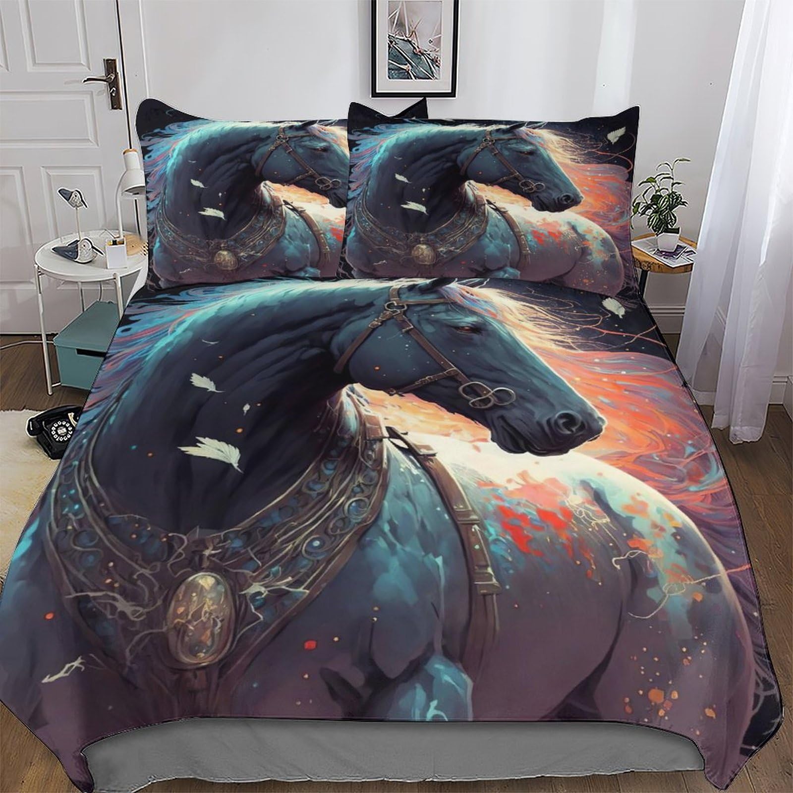 Housse de couette cheval King 220x240 en microfibre hypoallergénique avec taie d'oreiller