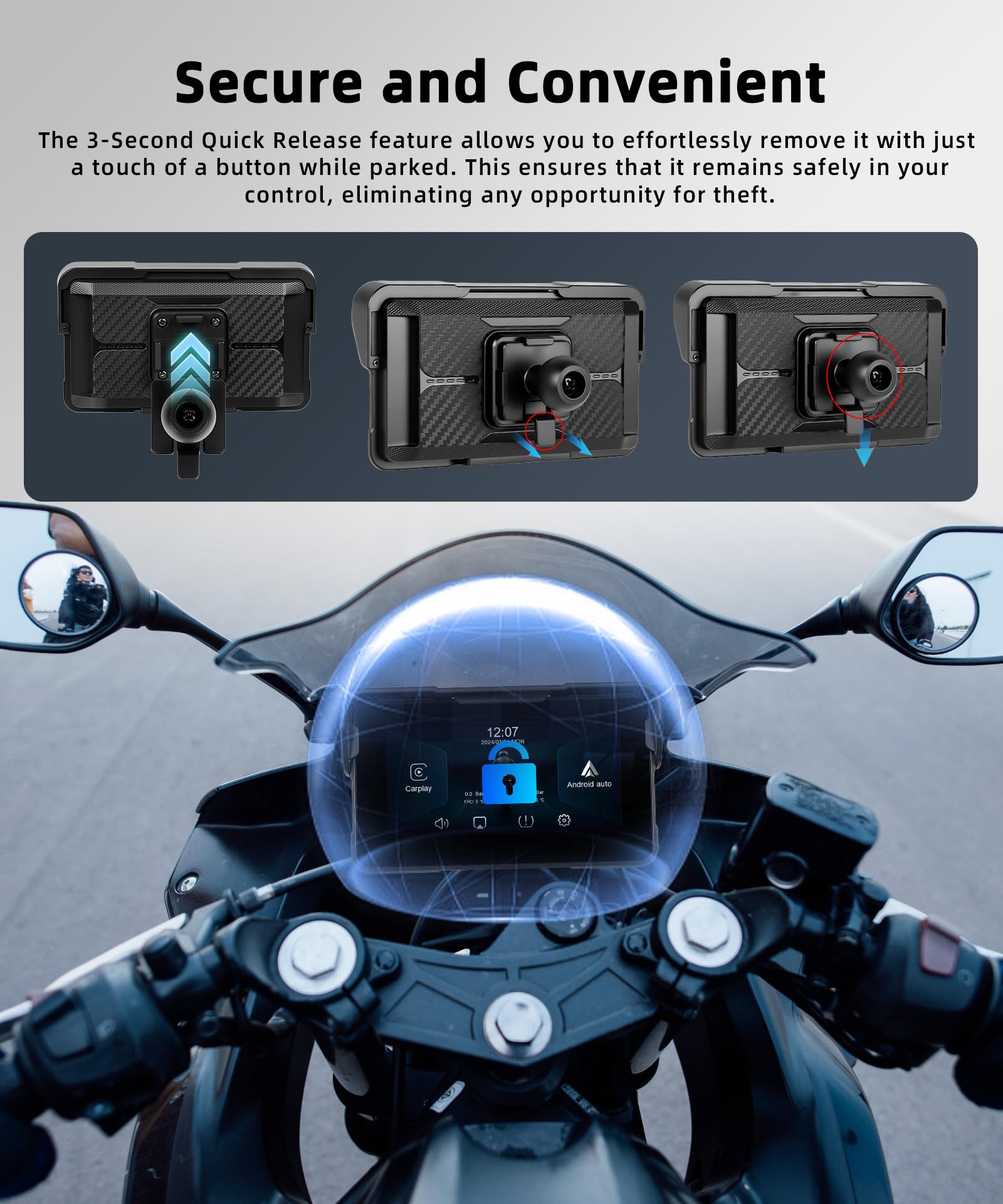 VECHTEL Kabelloser CarPlay Bildschirm 5 Zoll für Motorrad-Tragbares CarPlay & Android Auto,Wasserdichter Touchscreen mit Dual-Bluetooth,NAV/Siri Assistant/12V,Unterstützt Reifendruckkontrolle