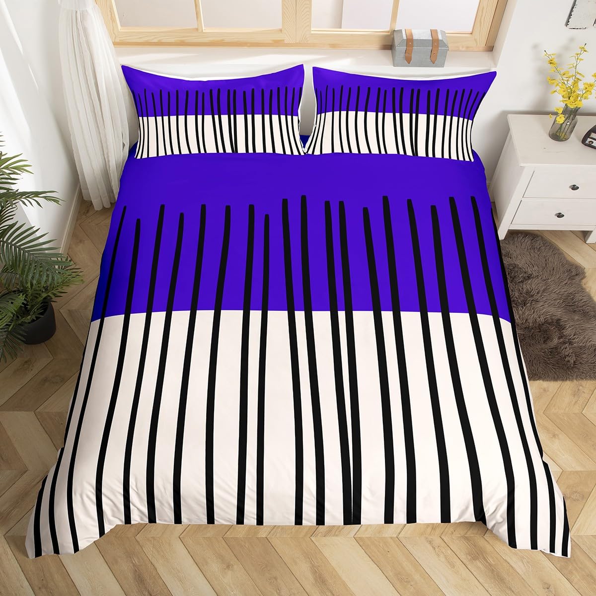 Homewish Royal Purple White Geometric Cot Duvet Cover Set - Abstract Black Vertical Striped Bedding Set with Zipper Closure - Mid-Century Modern Microfiber Quilt Cover Art Deco Bed Sets