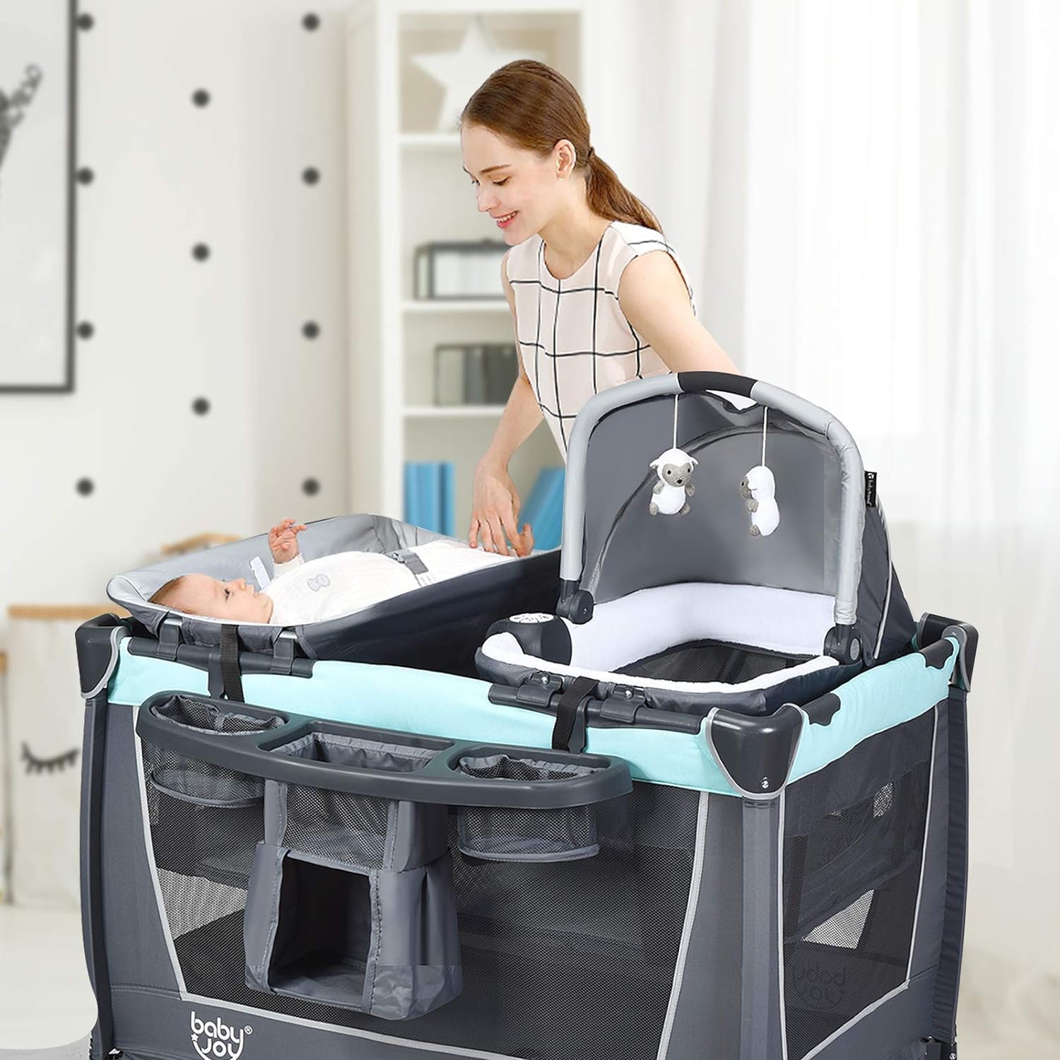 GOPLUS Centro de Cuidado de Bebés 6 en 1 Portátil | Cuna de Viaje para Bebés con Cambiador de Pañales, Bolsa de Almacenamiento y Juguetes Colgantes de 0-36 Meses