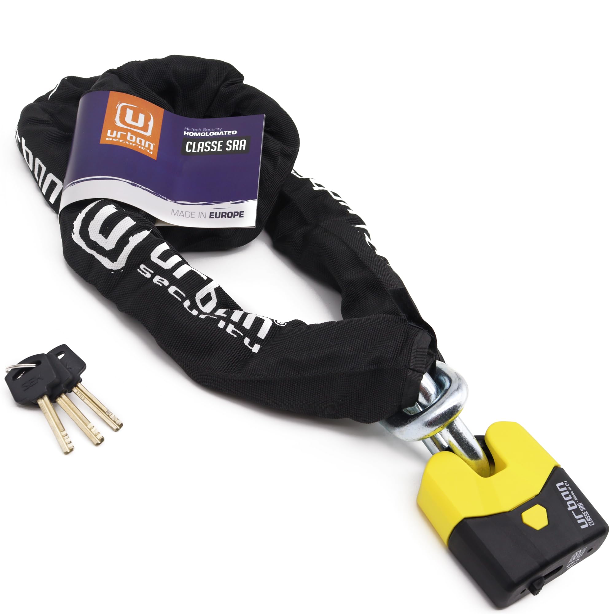 URBAN U8K150 Antivol Moto Chaîne Homologué SRA, Sécurité Maximale Niveau 20, Ø15mm Acier Trempé, Double Verrouillage, Serrure Anti-Crochetage, Fixation Garage, Antivol Vélo Électrique Scooter, 150cm