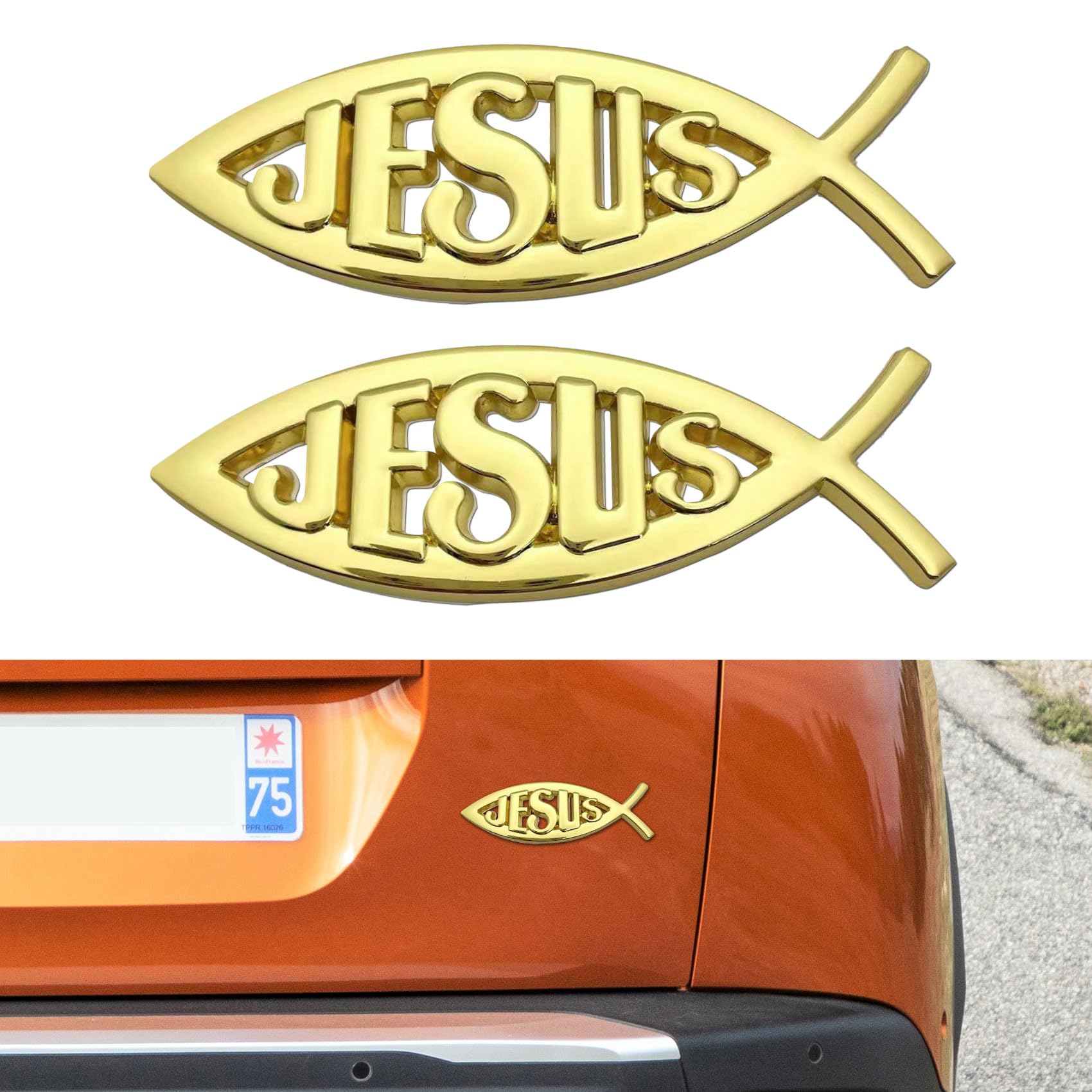 2PCS Jesus Fish Decal Sticker, Car Emblem, 3D Chrome Metal Fish Emblem Decal, Car Accessories Exterior Decoration Waterproof Auto Bumper Window Symbol Sticker Fit for Most Vehicles (Gold)