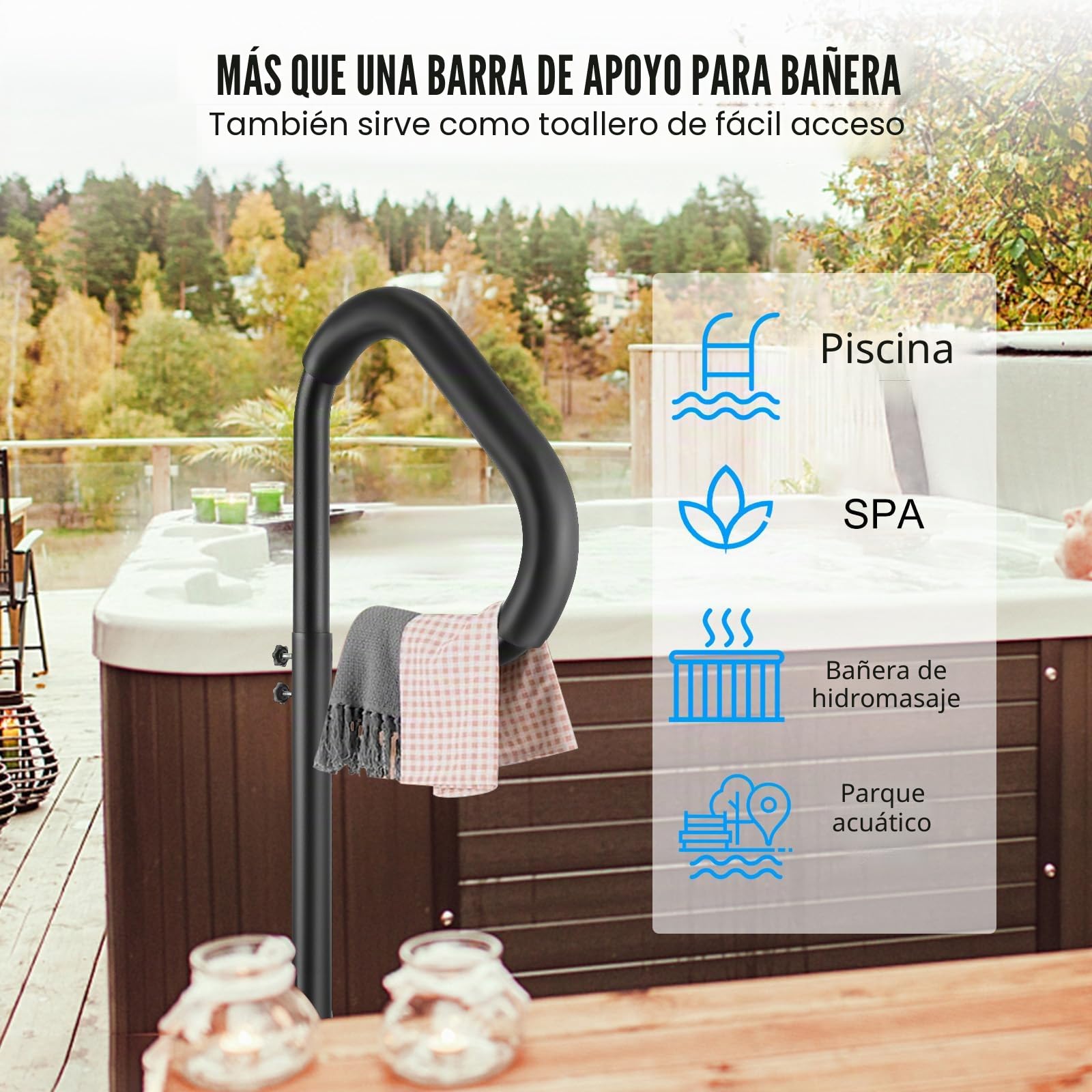 VEVOR Pasamanos Lateral para Spa 54,2x37x144,7 cm Pasamanos de Jacuzzi Giratorio de 360​​​​° Altura Ajustable 89-144,7 cm Carga 272 kg Base de Montaje Deslizante de Aluminio Antioxidante para Bañera
