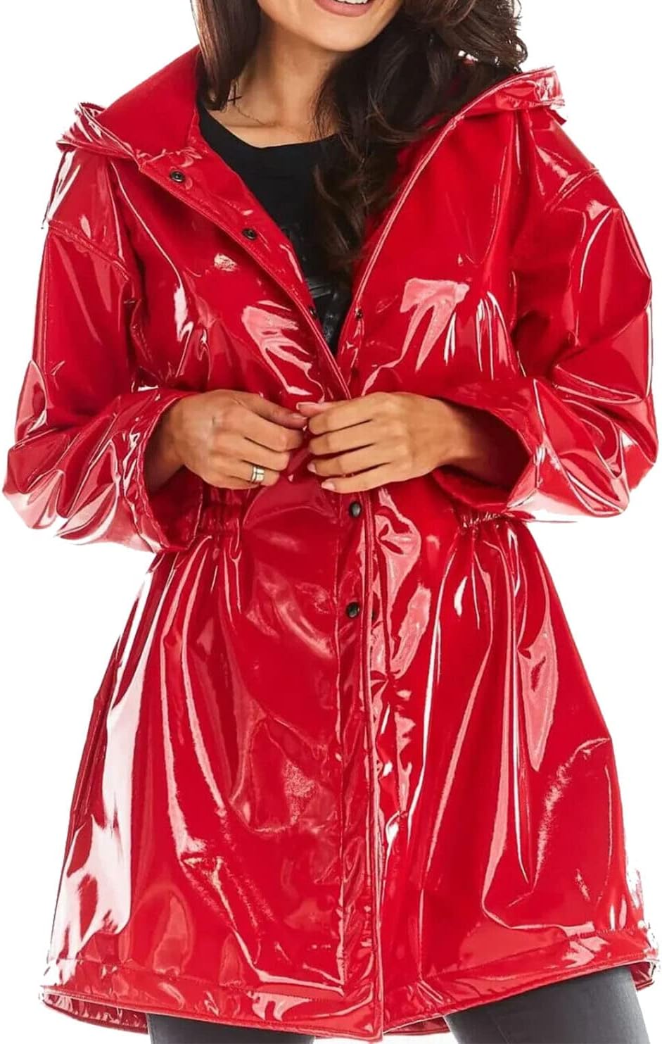 Women Rain Slicker PVC Vinyl Rain Long Coat Raincoat Waterproof Gothic Wet Look Red Jacket Hoodie
