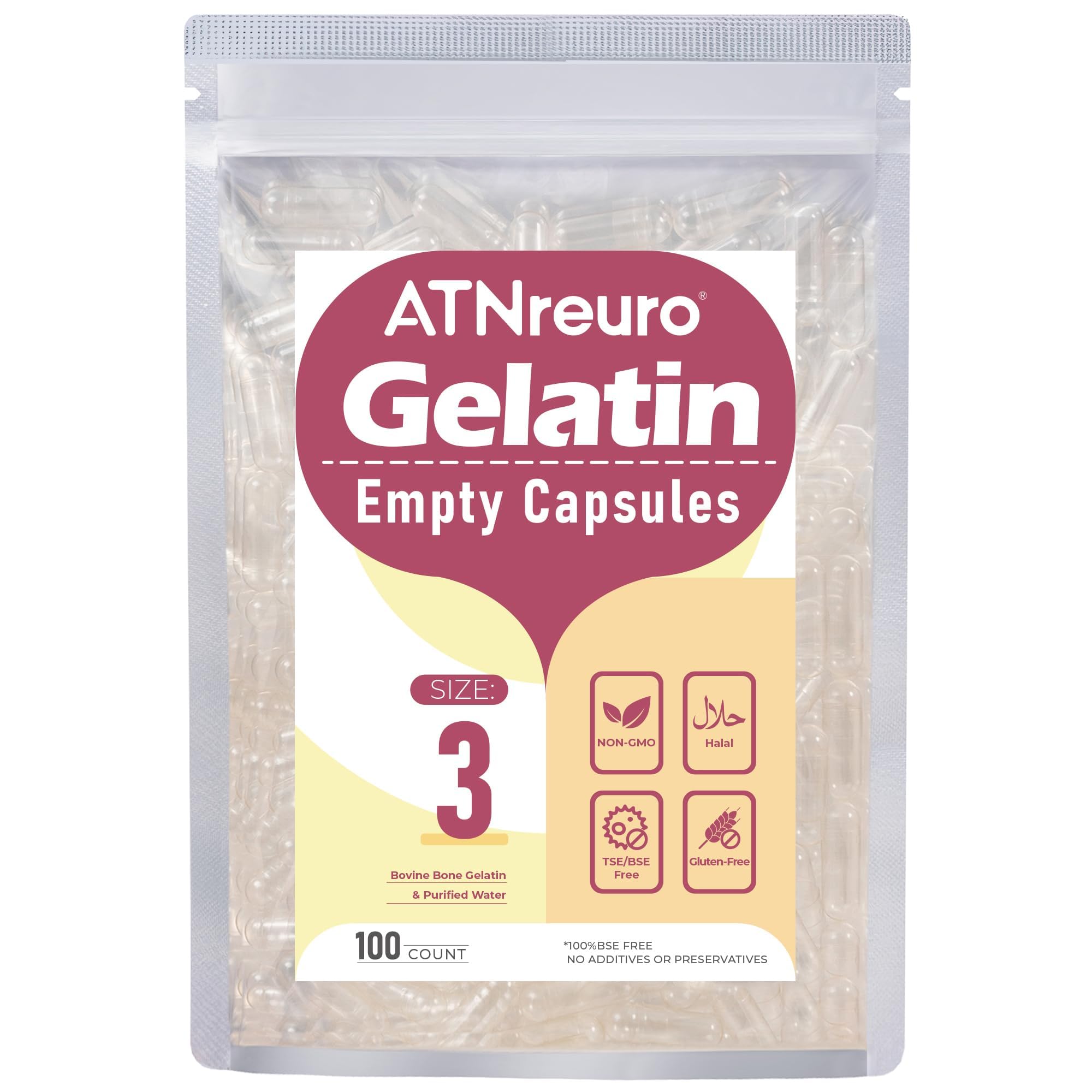ATNreuro Empty Gelatine Capsules Size 3-Clear Empty Capsules 100 Count, Fillable Pill Small Gel Caps DIY Gelatine Capsule 3