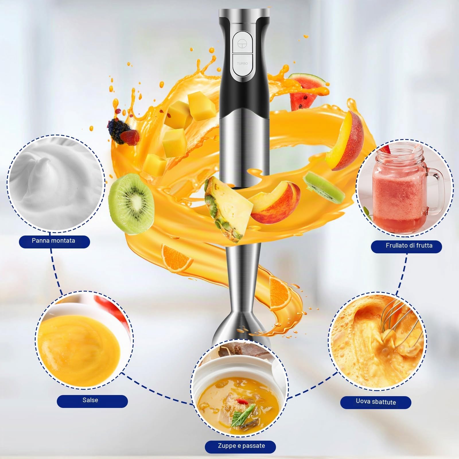 Frullatore a Immersione 1200W 6 in 1 Frullatore Tritatutto Multifunzionale con Acciao Inossidabile 304 Multifunzione Mixer Immersione con Turbo Presa Antiscivolo Velocità Regolabile