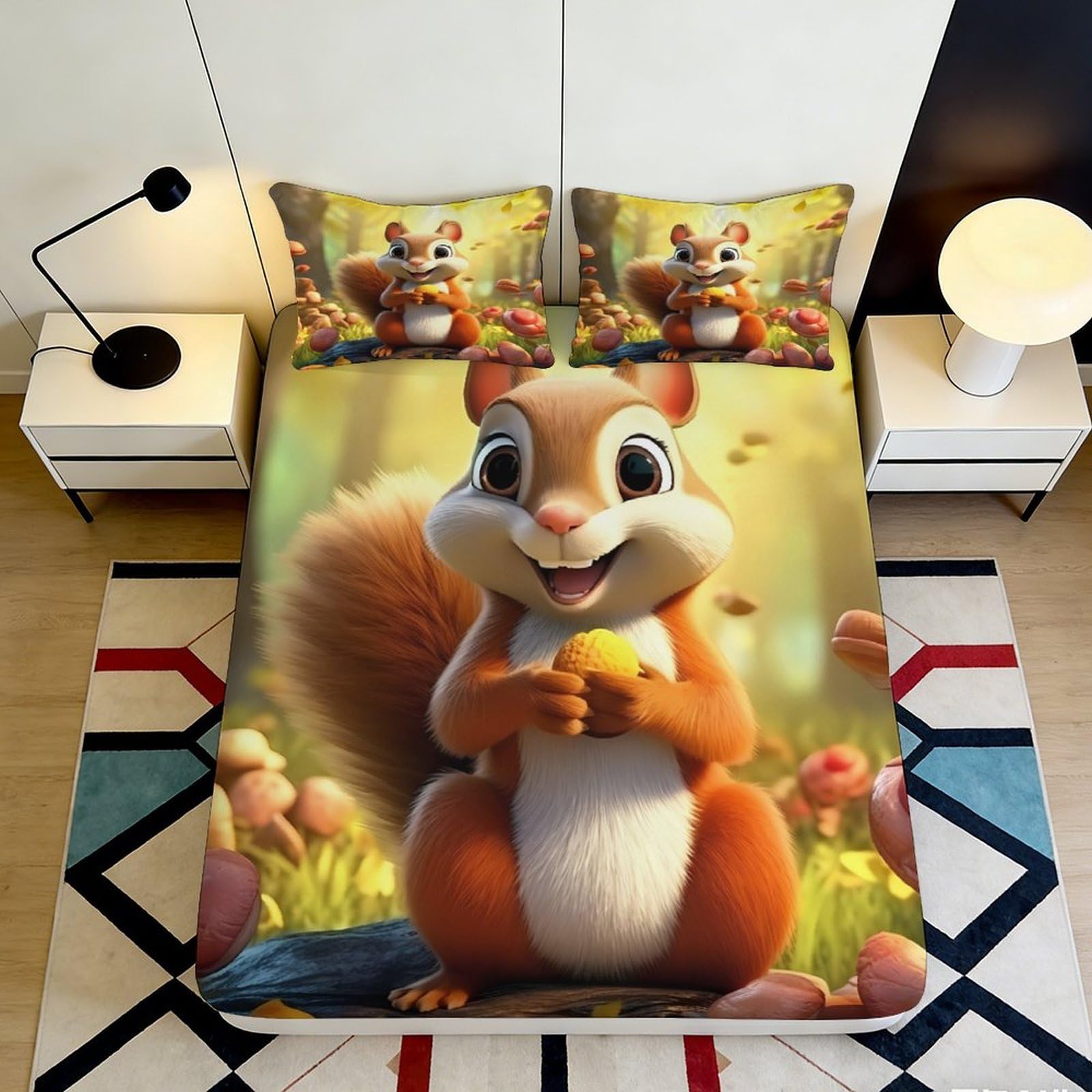 3D Printed Cute Squirrel Fitted Sheet Microfiber Soft Breathable Forest Animal Mattress Cover for Bedroom Dormitory Guest Room Mattress Protection Decor 160x200x25cm