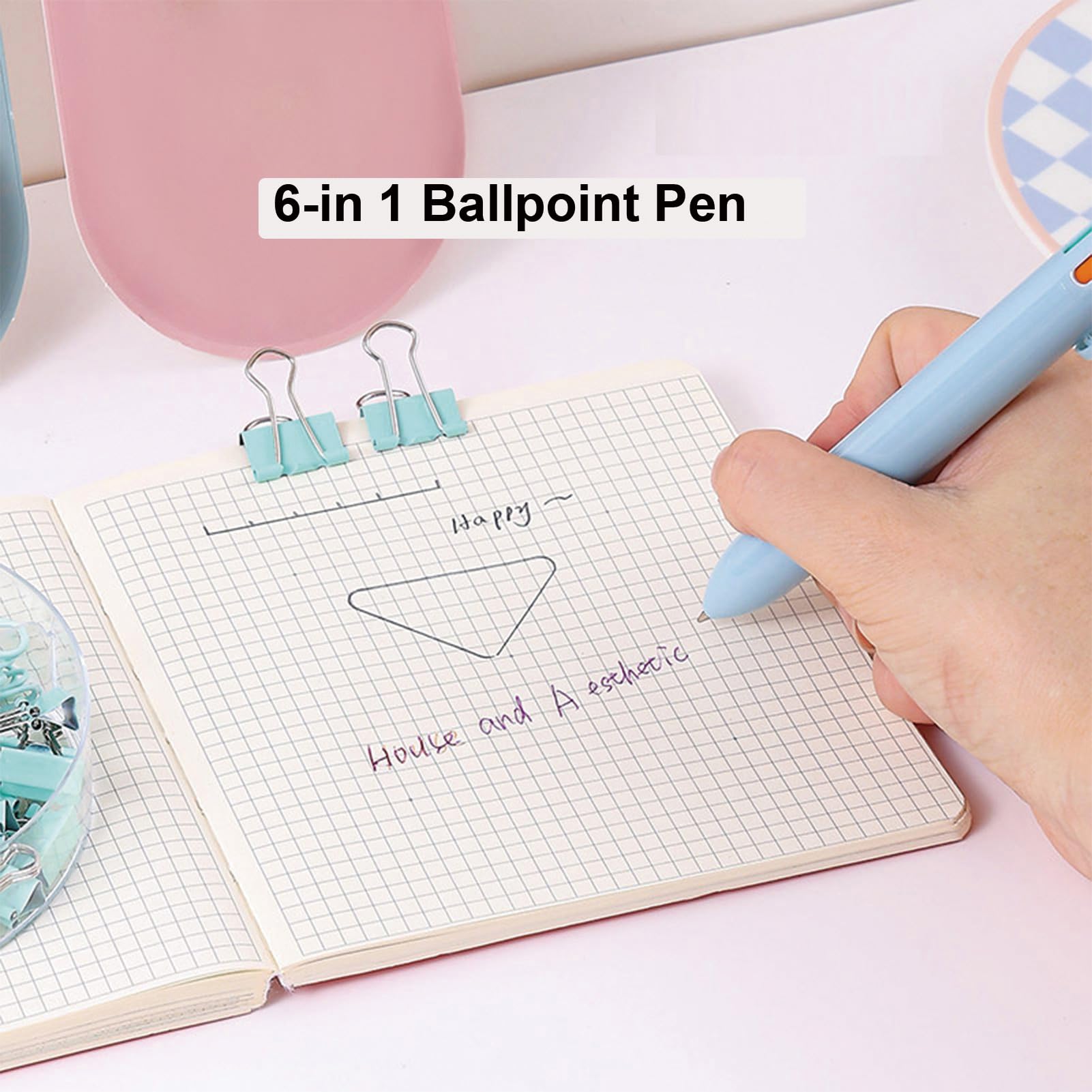 Lot de 6 articles de papeterie bleus mignons pour filles, garçons, enfants, femmes, fournitures de bureau pour la rentrée scolaire, fournitures de bureau avec stylos à encre gel, stylos à bille 6 en 1