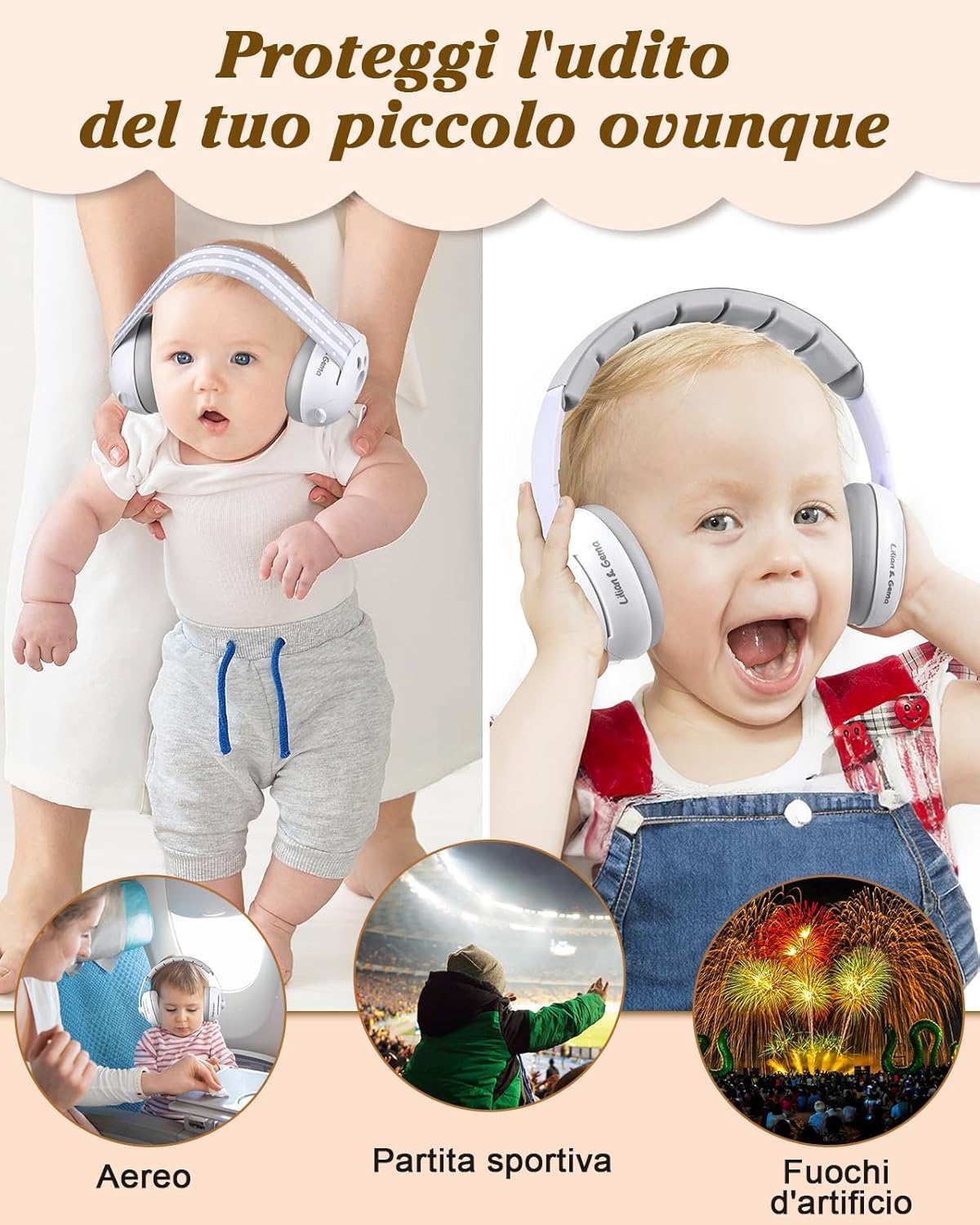 Generico 2 in 1 Cuffie Neonato Antirumore -25dB,Protettori acustici per neonati, archetto regolabile, antiscivolo e antistress, protezione acustica ideale per neonati fino a 48 mesi