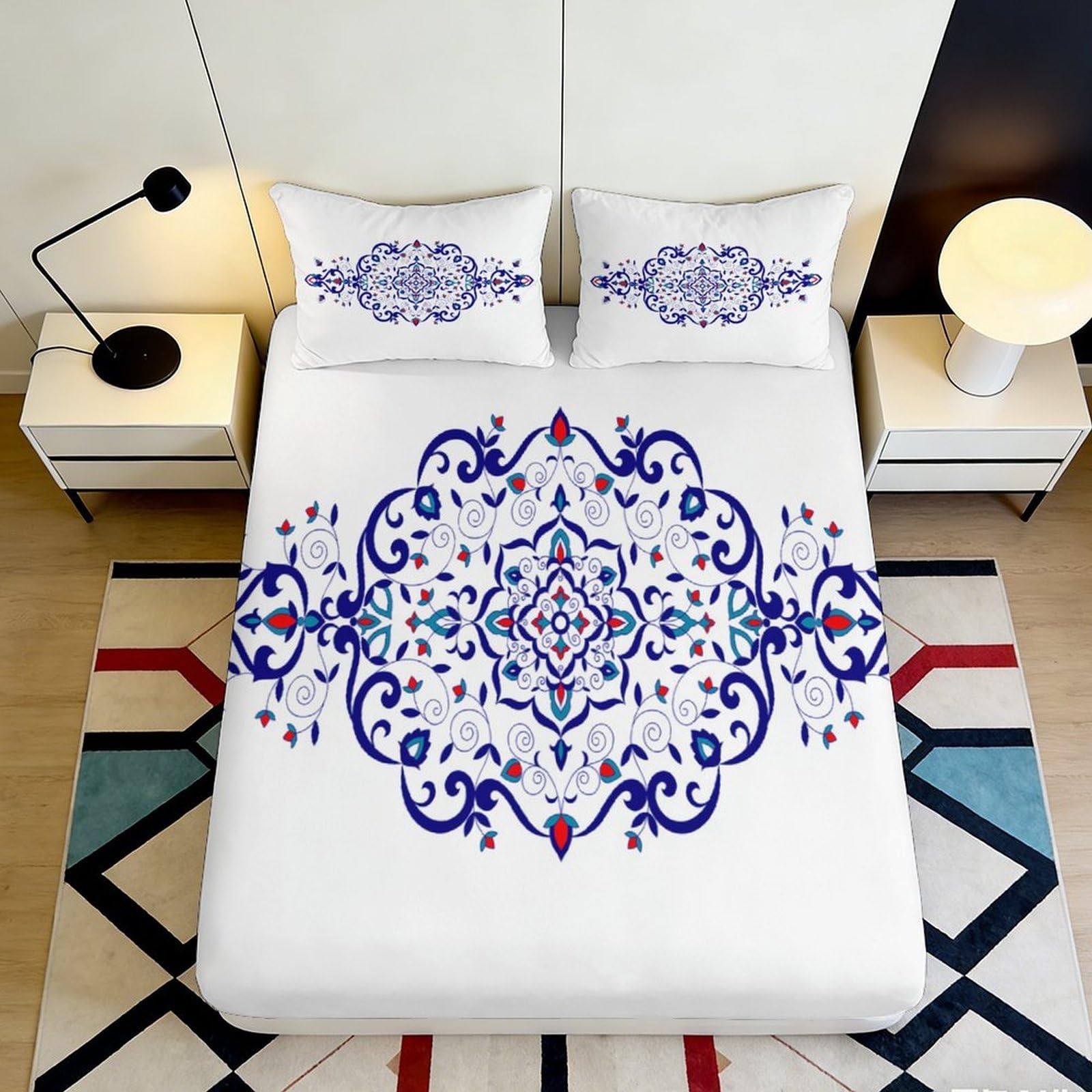 Pnayamiorkfel Style-1 3D Printed Blue Floral Fitted Sheet Microfiber Soft Decorative Red Teal Mandala Mattress Cover For Bedroom Dorm 90X200x25cm