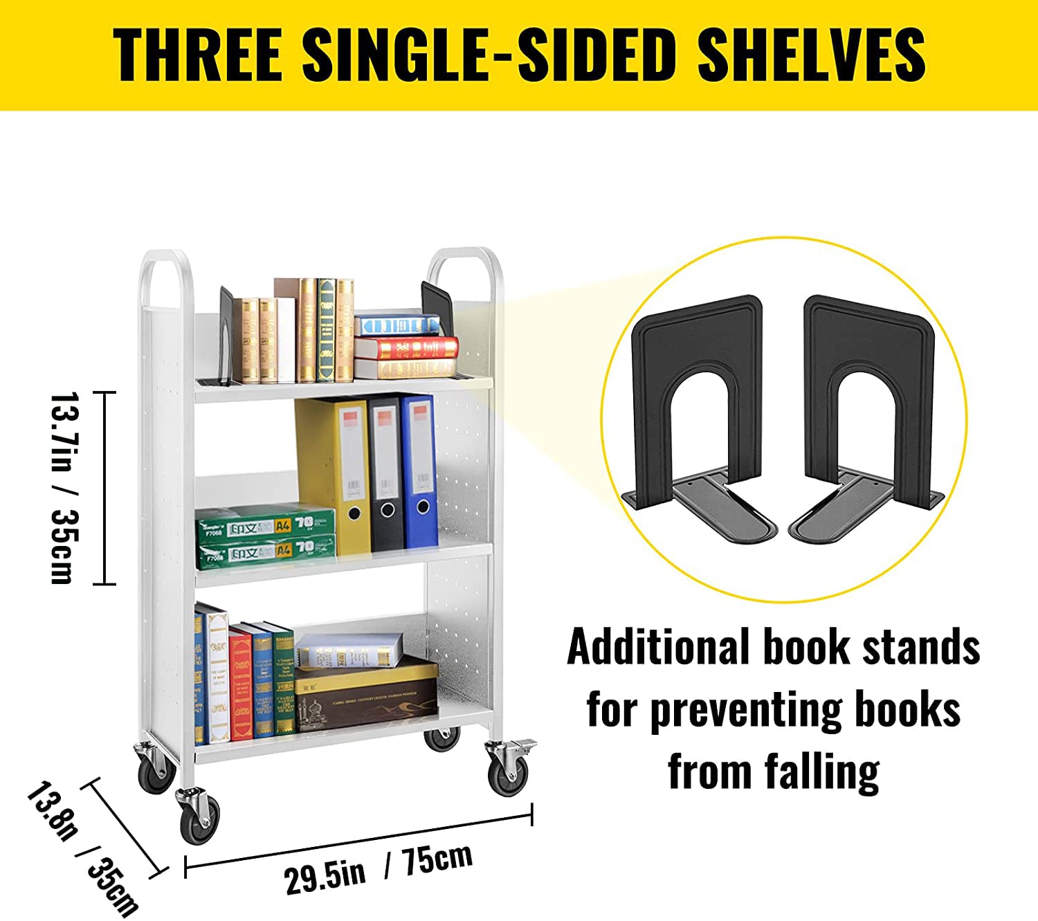 VEVOR Carrello per Libri, Carrello per Biblioteca da 200 Libbre, Carrello per Libri con Ruote 30x14x49 Pollici Ruote Bloccabili da 4 Pollici, per Scaffali Domestici Ufficio, Bianco