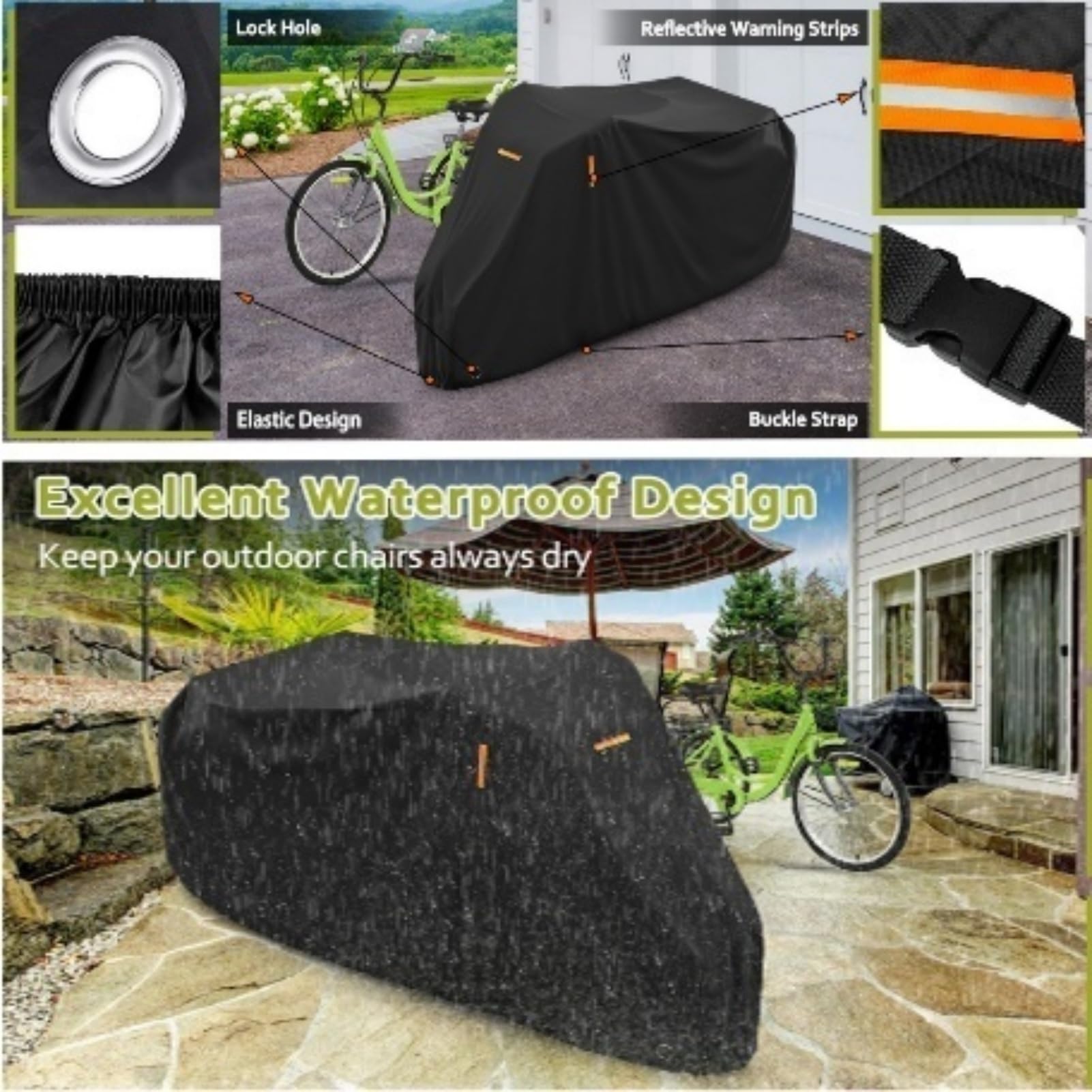 Dreiradabdeckung Für Erwachsene – Wasserdicht, Windfest, UV-beständig Mit Reißverschluss, 210D/420D Polyester, Universell Für Elektro-3-Rad-Fahrräder (Schwarz 420D,190x76x112cm)