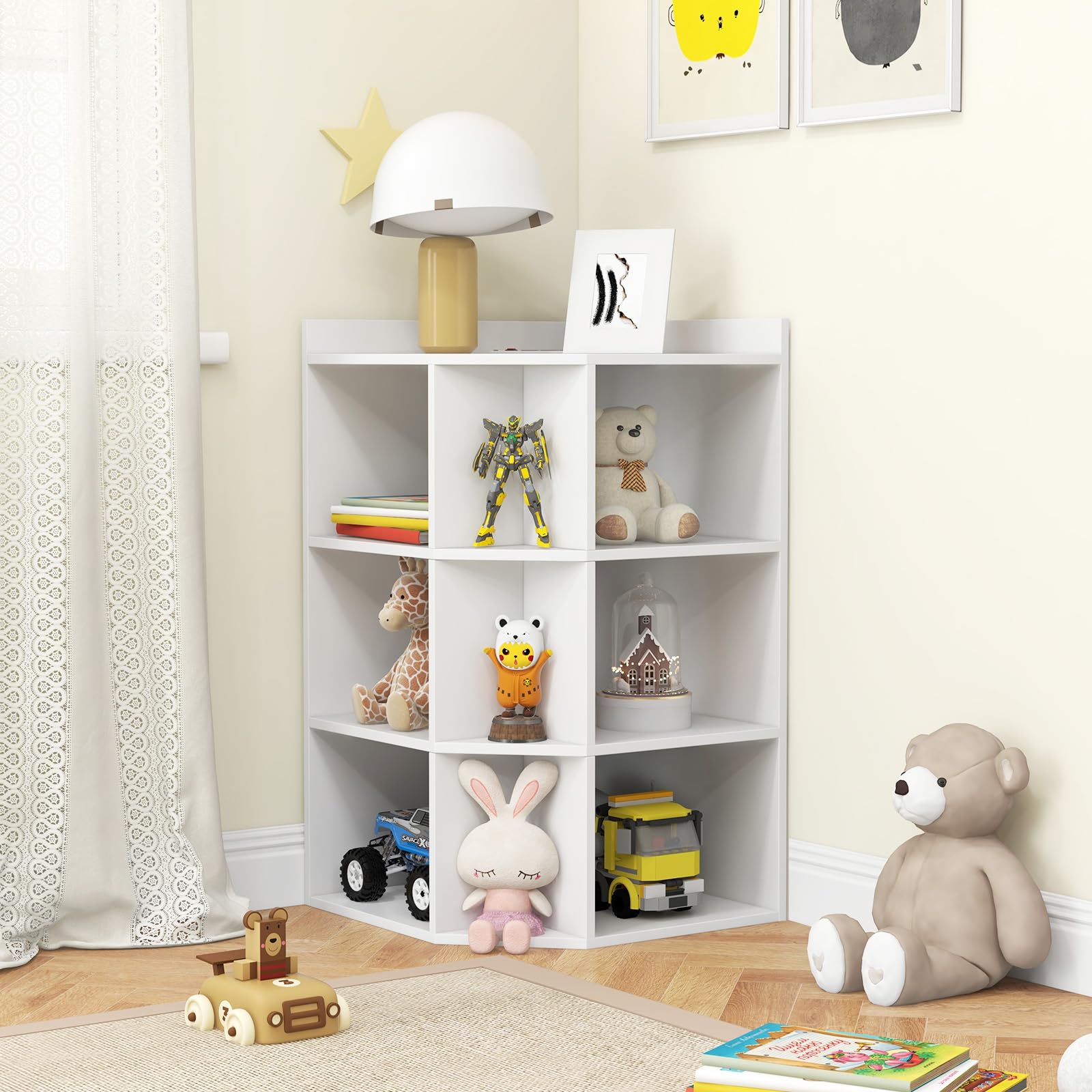 GIANTEX Librería Esquinero de 3 Niveles, Estantería de Almacenamiento con 9 Compartimentos Abiertos, 51 x 71,5 x 86 cm, con Puertos de Carga, Librería Triangular para Salón, Estudio (Blanco)