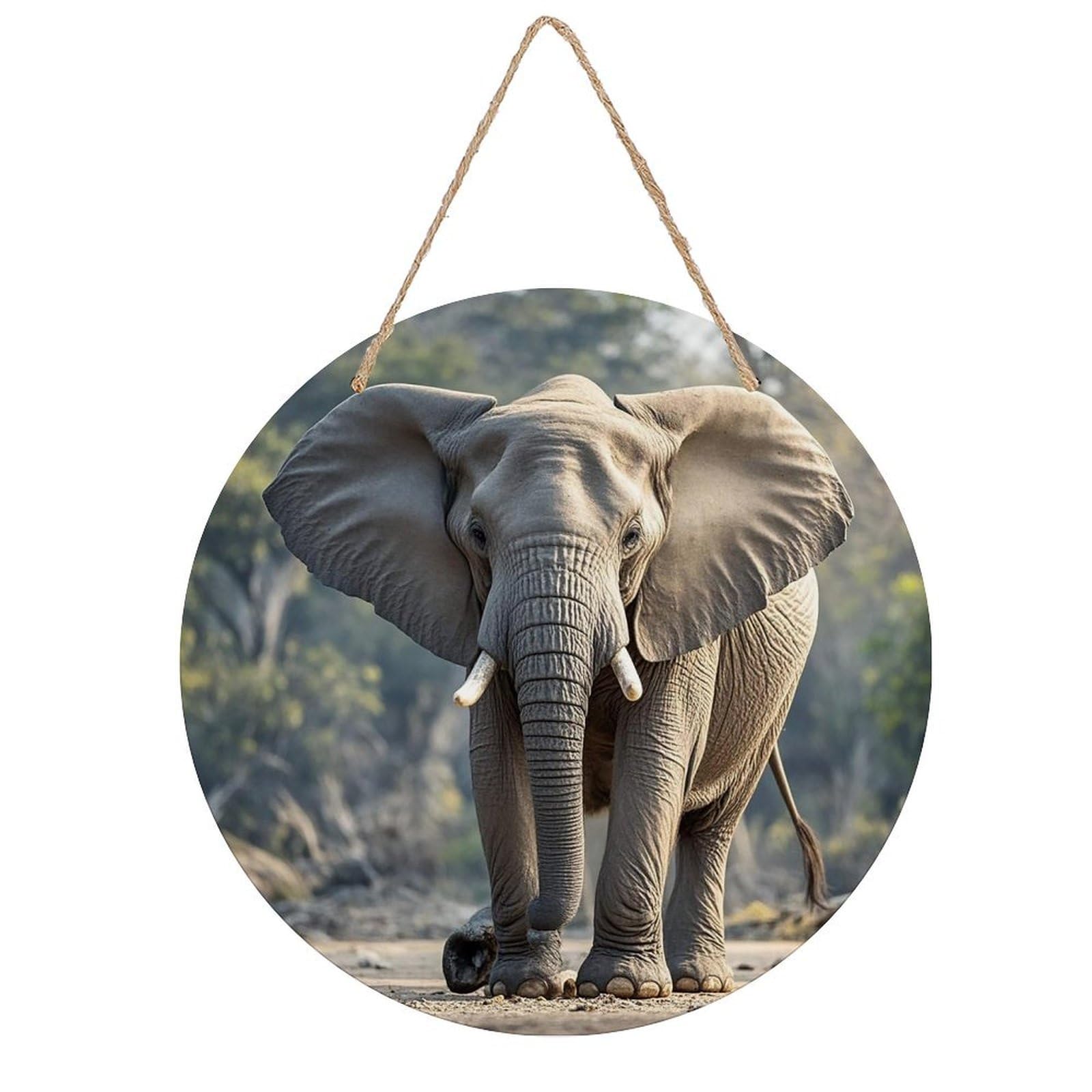 Elephant Round Wooden Ornaments Unique Wood Decorative Paintings for Christmas Retro-Style Wooden Door Hanger for Crafts Home Holiday Decor Bar 7.87 Inch