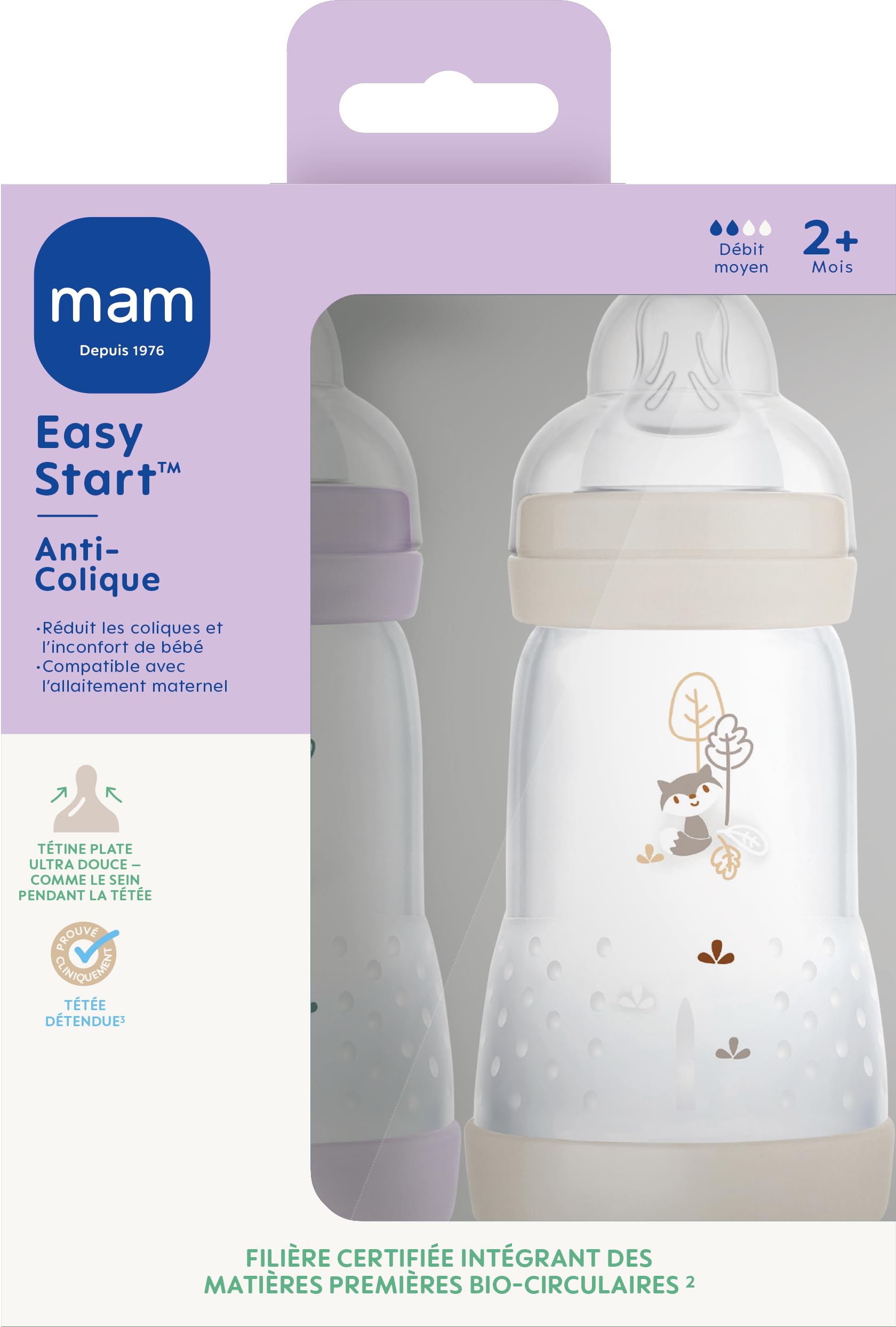MAM Lot de 2 Biberons Easy Start Anti-Colique 2+ mois, 260ml, Lilas+Sable