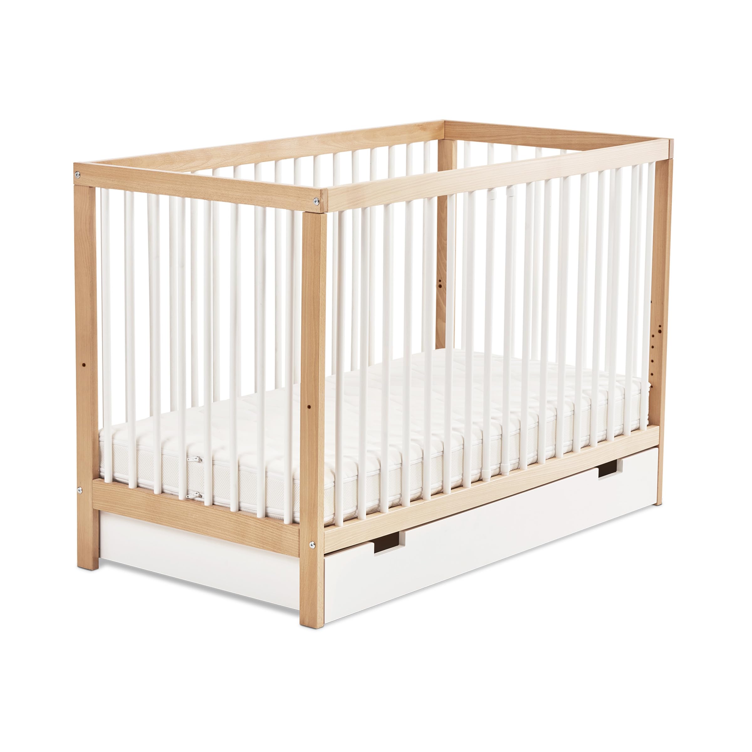 Ehrenkind® Babybett PUR inkl. Schublade 120x60 Buchenholz | Natur-Weiß | Kinderbett 9-Fach höhenverstellbar mit entnehmbaren Stangen | Baby Bett