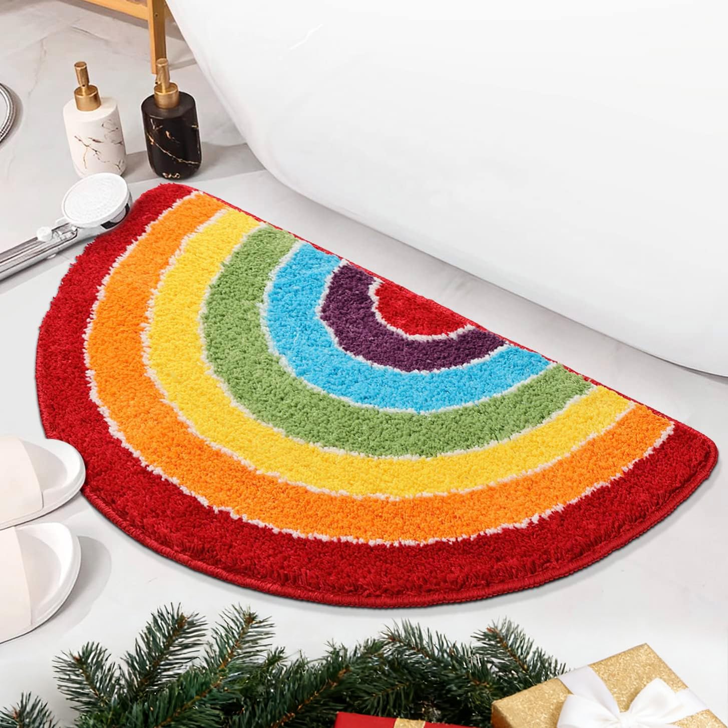 Panstar Rainbow Bath Mat for Bathroom, Luxury Absorbent Bathroom Mats Non Slip, Cute Colorful Striped Bathtub Rug Fun Fluffy Shower Rugs Washable