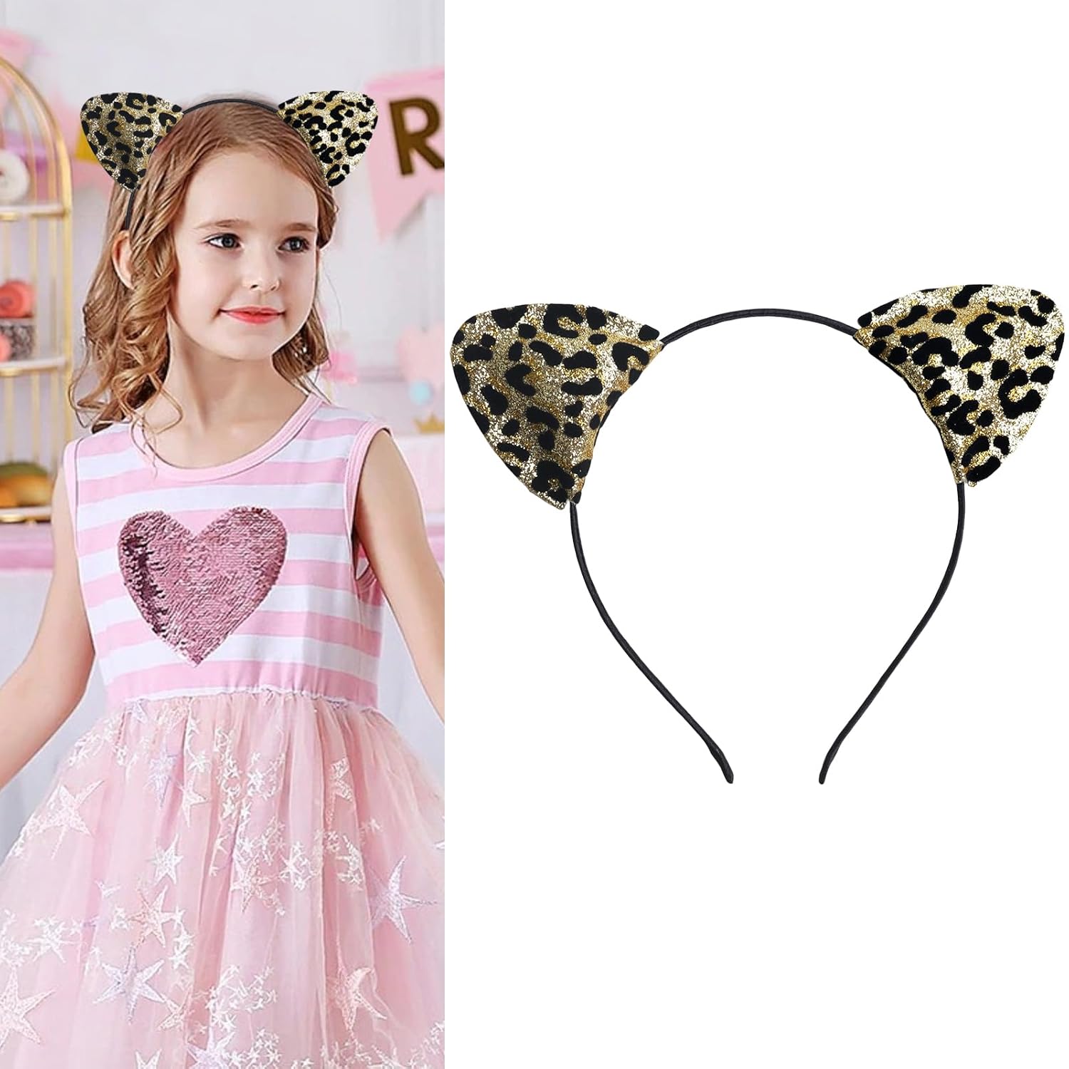 Leopard Cheetah Ears Headband for Women Cute Cat Ears Headband Halloween Leopard Cosplay Costume Hair Accessories-Gold - Image 2