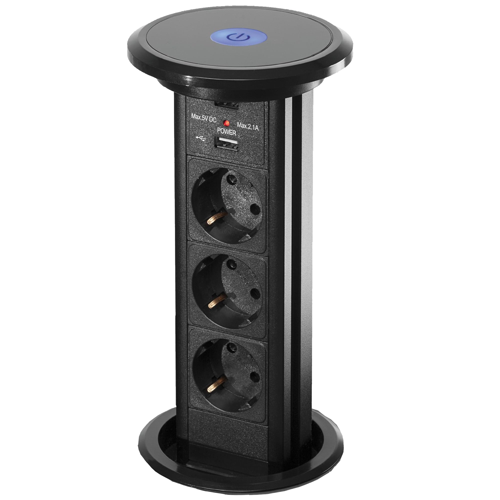 Torretta Presa Elettrica a Scomparsa Automatica – Ciabatta in Alluminio e Plexiglas con 3 Slot, 2 Porte USB, Cavo da 2 Metri – Design Moderno per Cucine e Uffici (Nero)