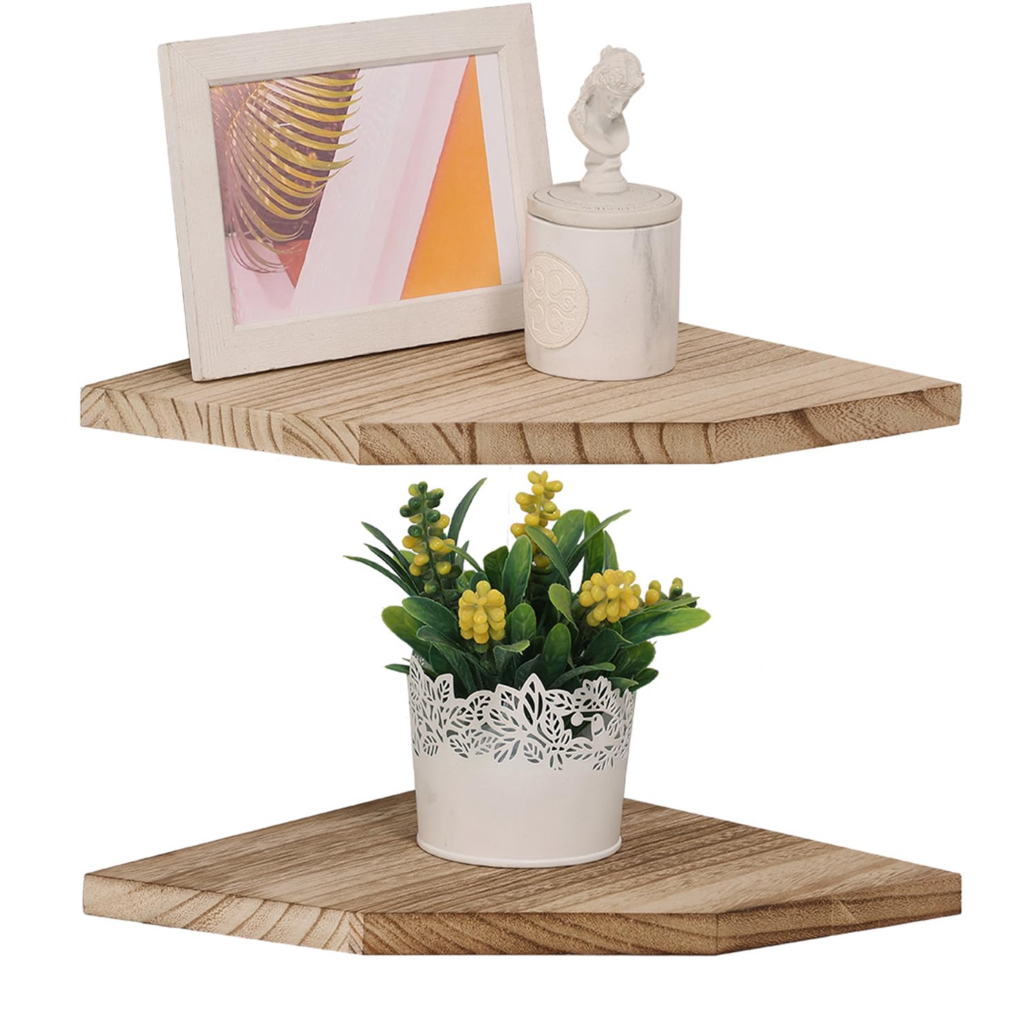 Corner Wall Shelves Set of 2, Rustic Wood Corner Floating Shelves with Cable raceway, Wall Mount Storage Display for TV Accessories, Baby Monitor, Speaker, Cable Box (Carbonized, Diamond- 10 Inch)