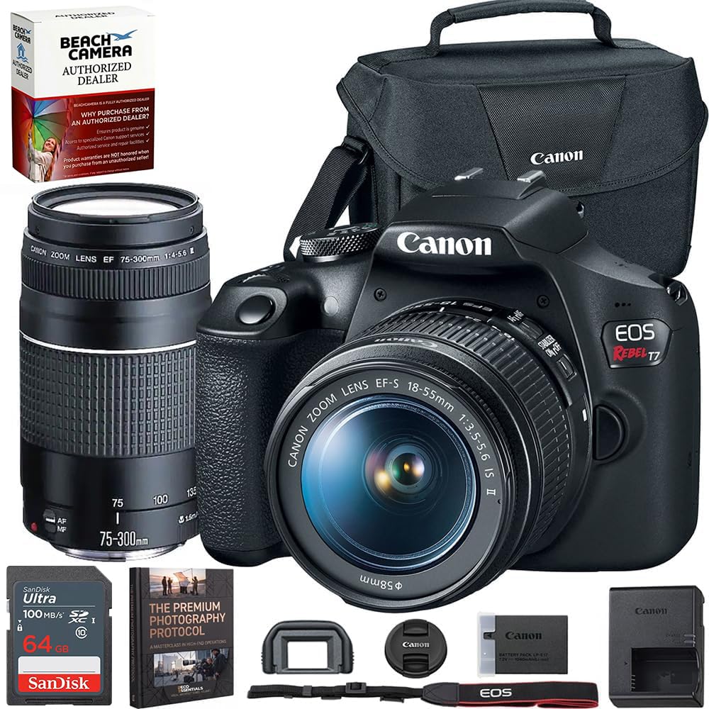 Canon EOS Rebel T7 DSLR Camera with EF18-55mm + EF 75-300mm Double Zoom Kit 2727C021 Bundle with Sandisk 64GB Memory Card, Deco Essentials Camera Bag and Photography Digital Guidebook Ebook