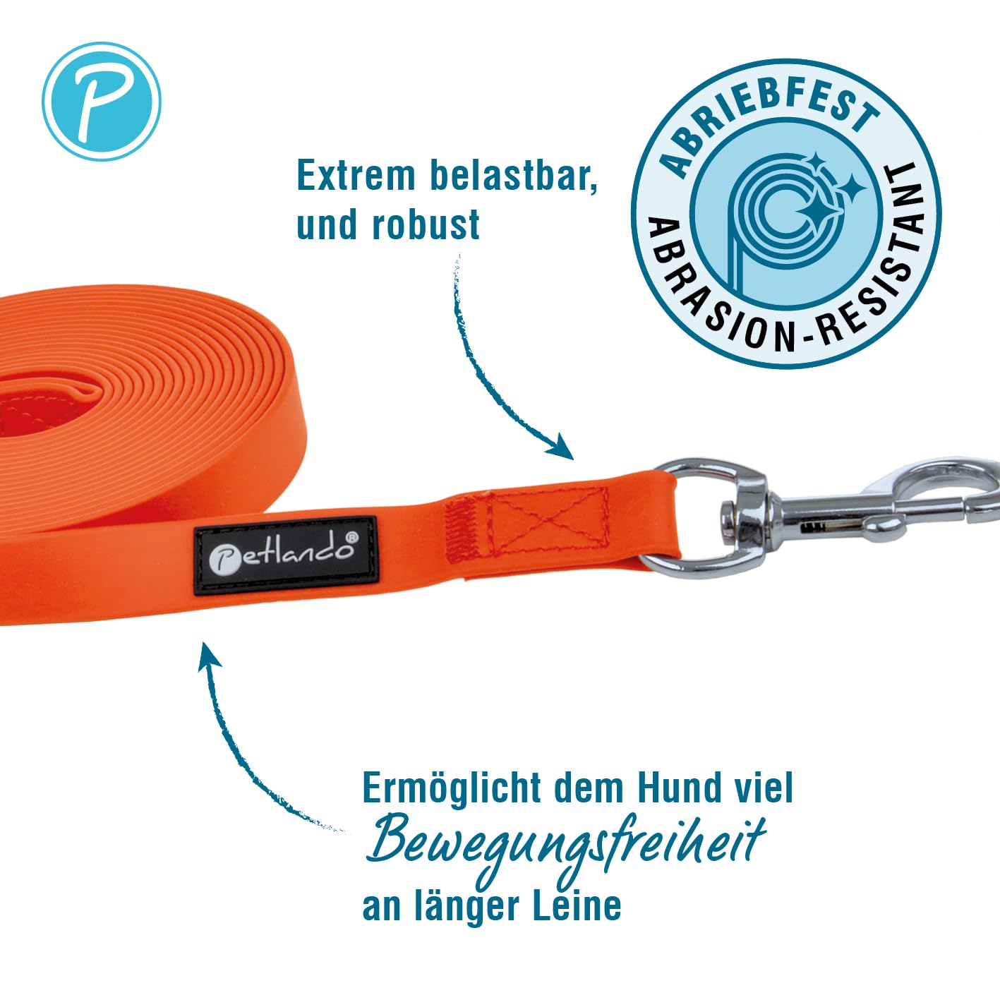 Petlando Schleppleine Trekking Such- und Trainingsleine für Hunde, für Ausbildung, extrem belastbar, viel Bewegungsfreiheit, einfache Reinigung – 5m x 1,5cm, orange