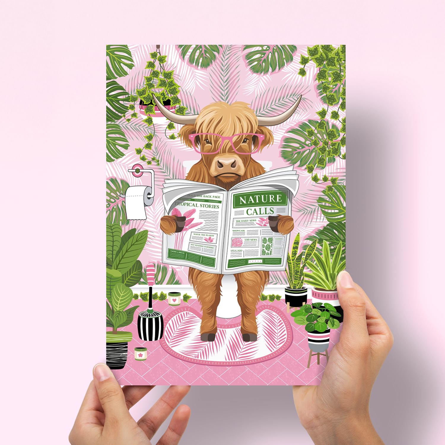 Parmaro Highland Cow on Toilet Print, A4 Unframed Art Print, Pink Botanical Tropical Bathroom Decor, Pink, Green, 29.7L x 21W cm - Image 3