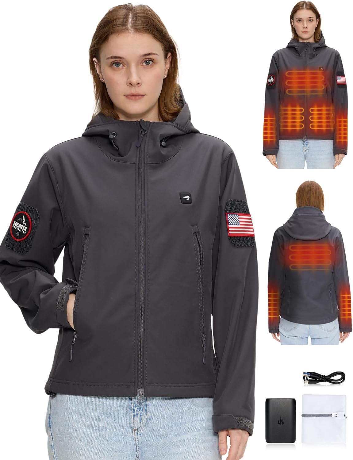 Heated Jacket for women with 12V Battery Pack - 5 Heat Zones Soft shell Electric Heated Coat for Outdoor Hiking & Recreation