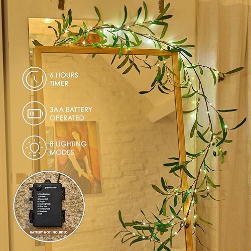 Miniatura 2 de Luces artificiales de vid de olivo con temporizador de 6 pies, 72 LED, árbol de olivo para paredes, guirnalda de ramas verdes para el hogar, manto,