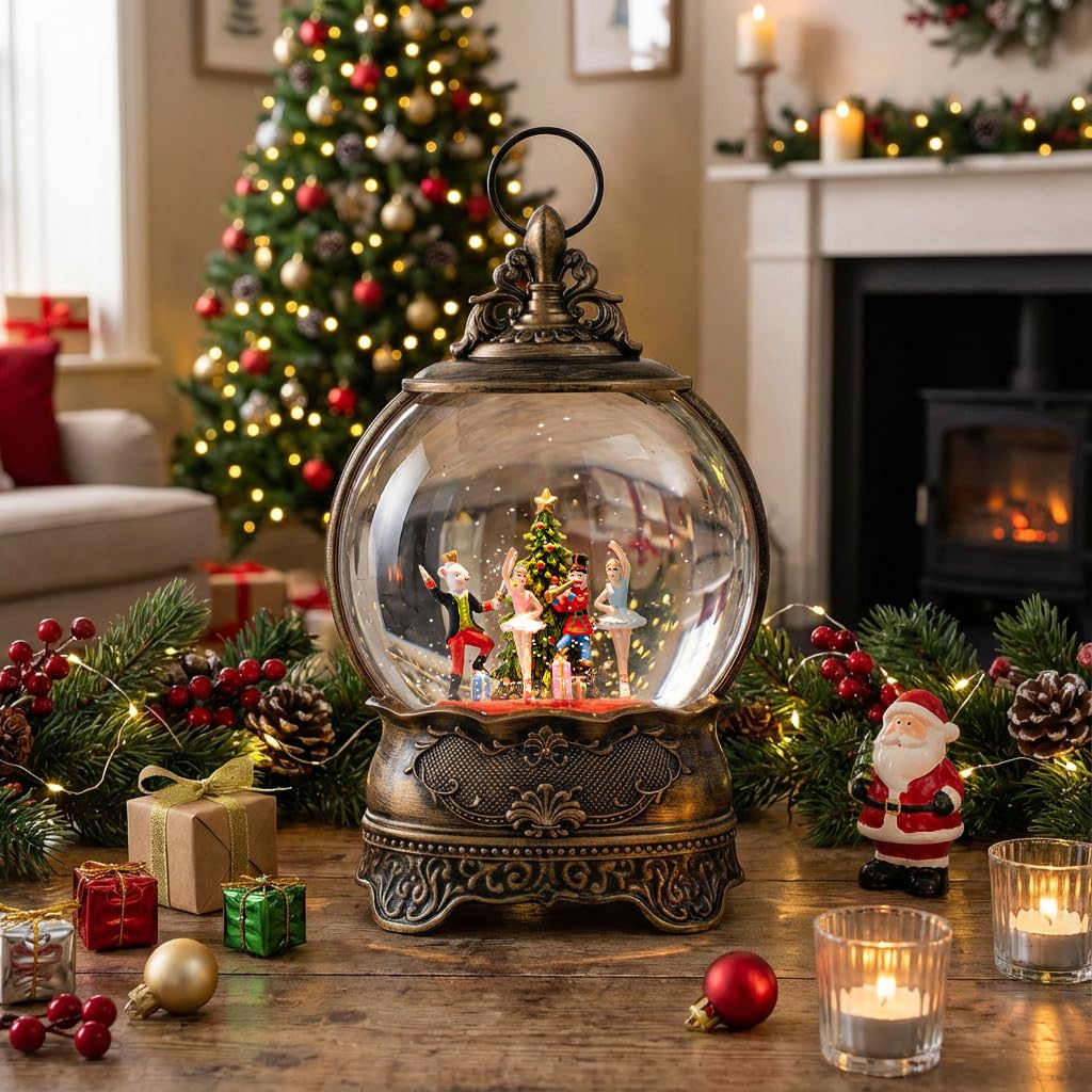 Boule à neige lumineuse de Noël 25,4 cm, boîte à musique pailletée, décorations alimentées par USB et piles (crèche dans le temple)