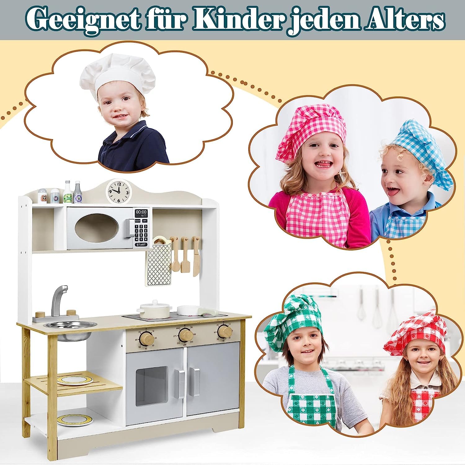 Aufun Cucina giocattolo in legno, cucina in legno con elettrodomestici da cucina inclusi 14 giocattoli accessori per cibo e pentole, giocattolo per bambini dai 3 anni in su, 68 x 26 x 78 cm