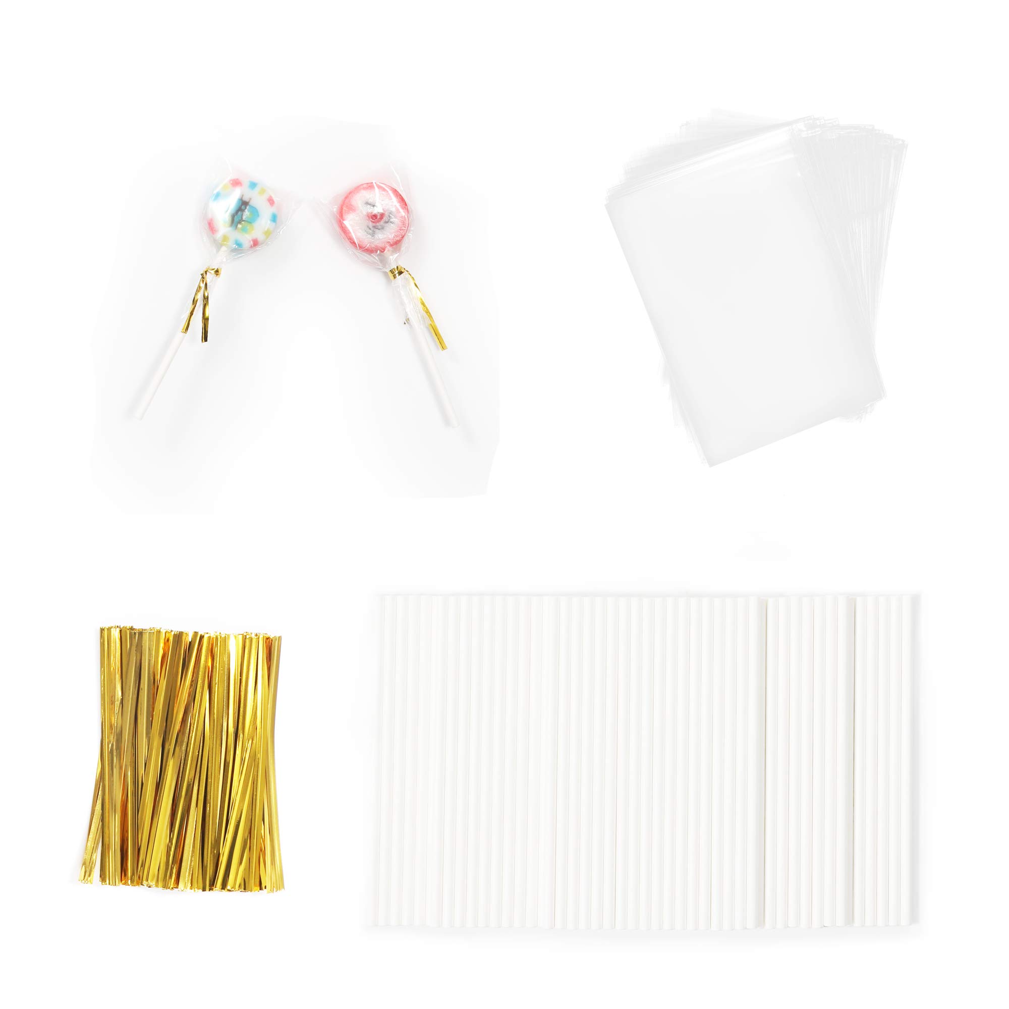 Dycica300PCS Cake Pop Sticks & Cellophane Treat Bags & Twist Ties, OPP Bags Candy Ties Paper Sticks Kit Set for Candy Cake Pop Chocolate Cookie Wrapping Buffet Party Favors (Large)