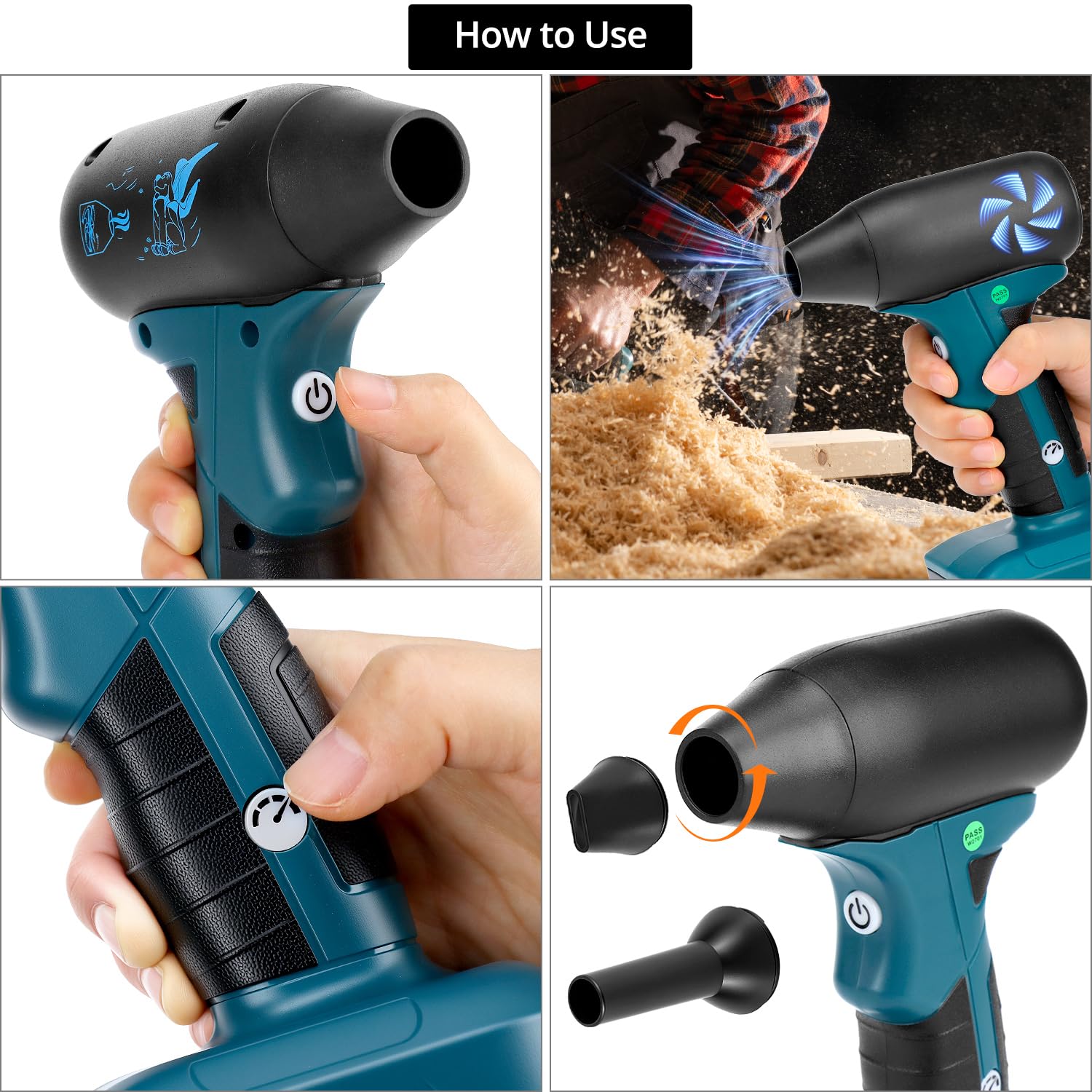 QWORK® Tragbarer Gebläse, Laubbläser Jet Fan Gebläse, Bürstenloser mit 2 Düsen, Kompatibel mit Makita 18V Akku (Ohne Akku)
