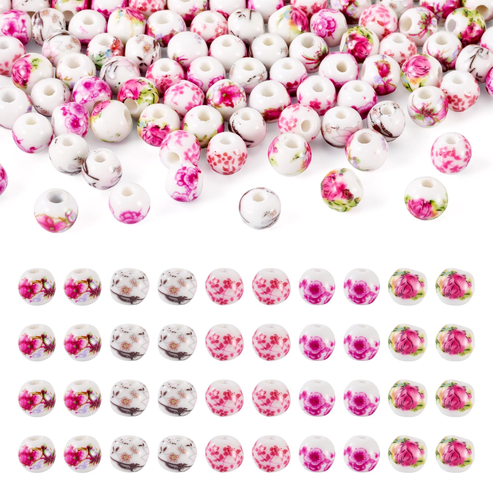 Cheriswelry 100Pcs Porcelain Beads Handmade Round Ceramic Beads Loose Flower Printed Bead Bulk for DIY Jewelry Earrings Bracelet Necklace Craft Projects