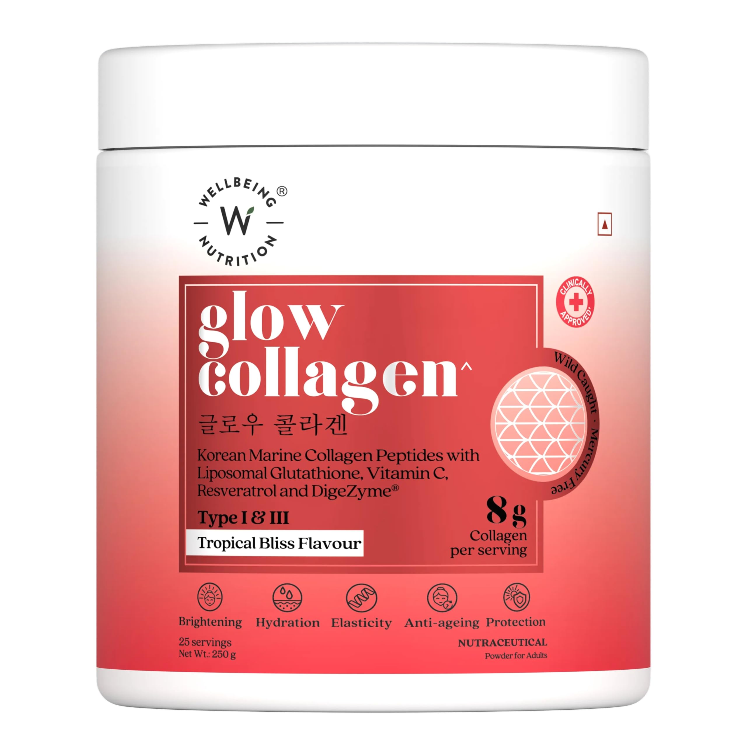 Glow Collagen with Glutathione|Collagen Supplements Marine Collagen Powder with SkinAx², Resveratrol, Bromelain & Goji Berry|250g - Tropical Bliss Flavor, 1 count, 25 servings