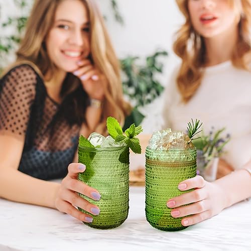 Miniatura 6 de Hobnail - Juego de 6 vasos para beber, juego de cristalería vintage de 14 onzas, vaso de agua verde en relieve para cerveza, jugo, cóctel, whisky,