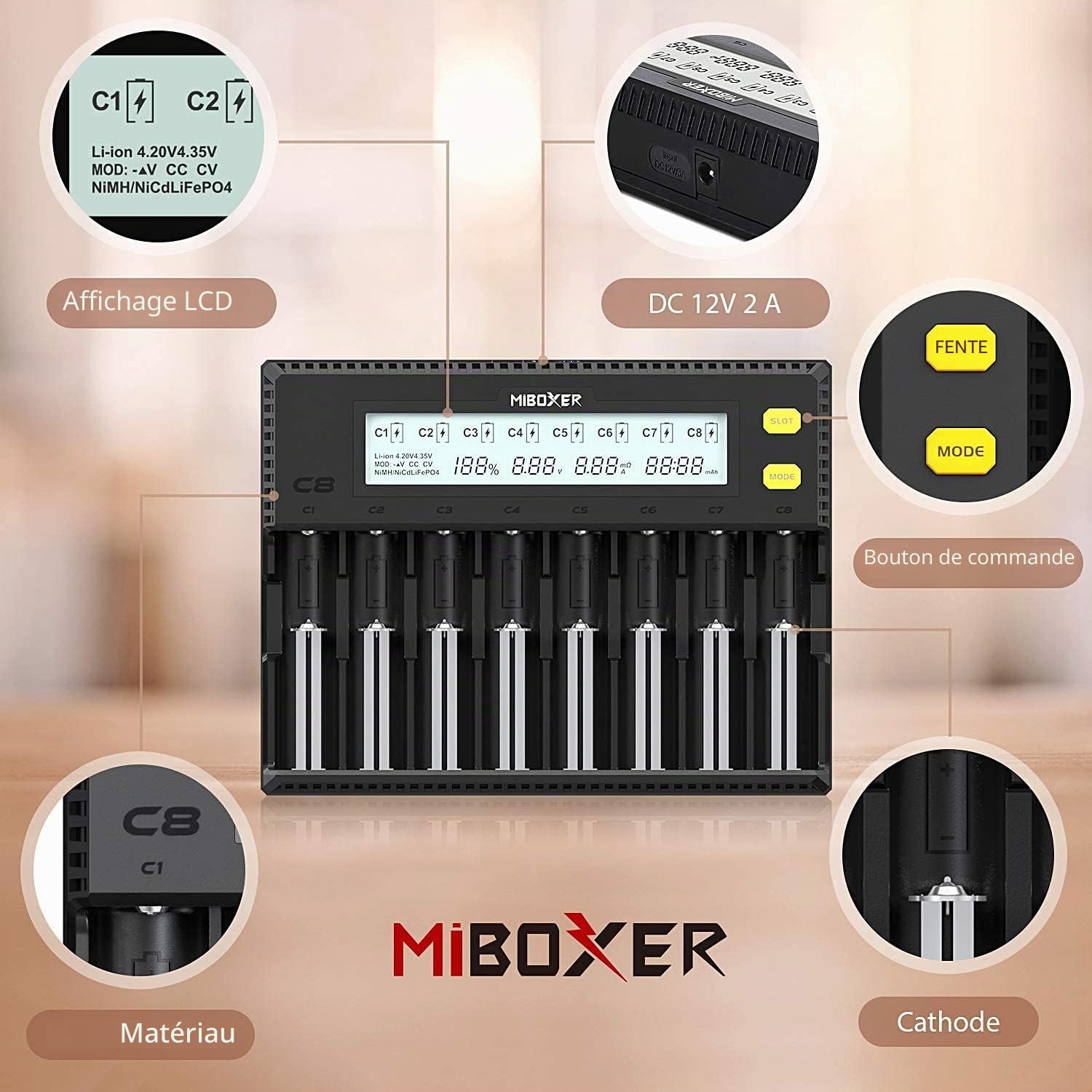 Chargeur de Batterie 18650, Chargeur de Batterie MiBOXER 8 Baies avec Écran LCD Automatique, Charge Rapide Li-ION LiFePO4 Ni-MH Ni-CD AA AAA C 21700 26650 13650 16340 18350 18700 RCR123