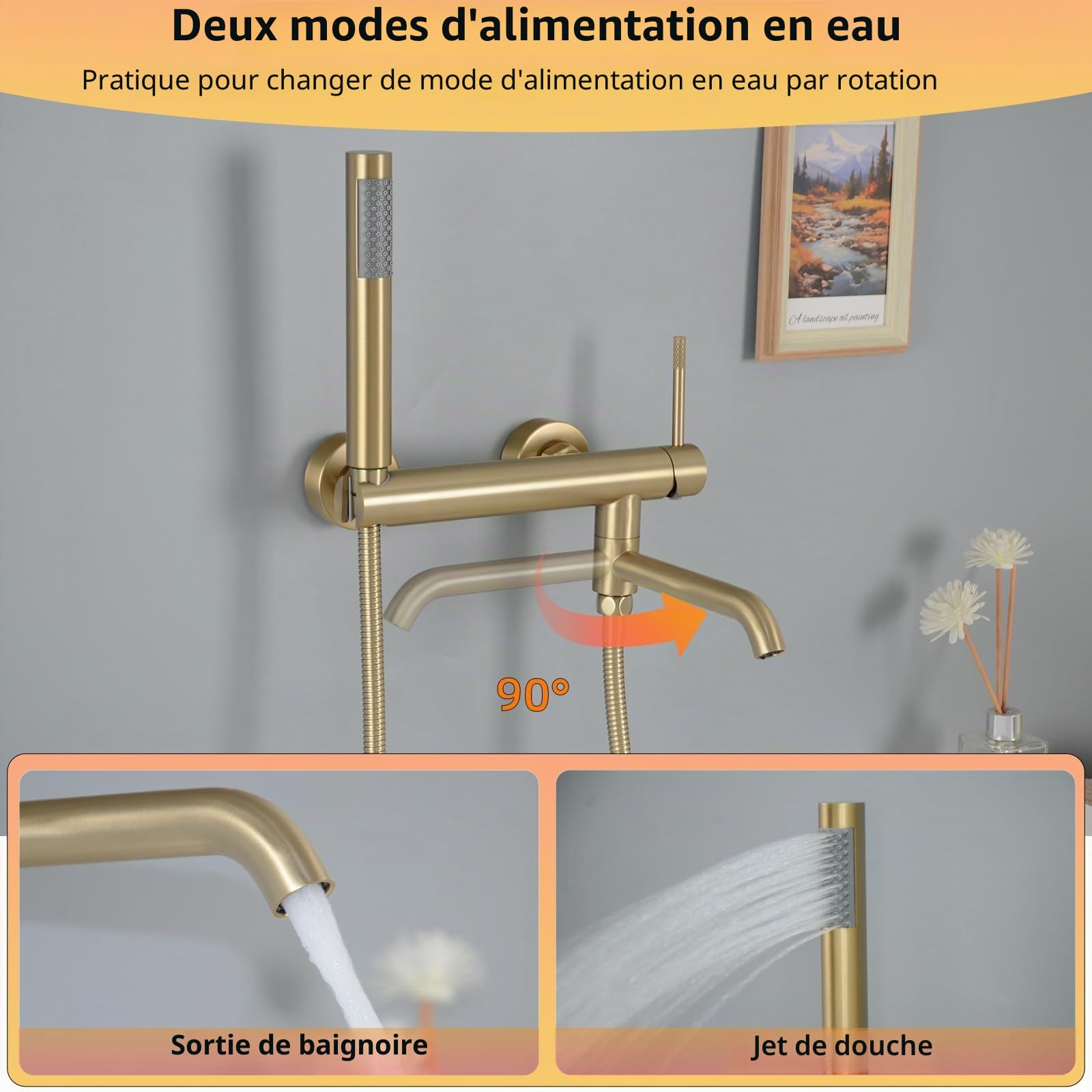 PHASAT Robinet de Baignoire Avec Douchette à Main, Mitigeur Douche Mural Baignoire bec Rotatif à 90°, Mitigeur Bain Douche Mural Or Brossé PTBG26E