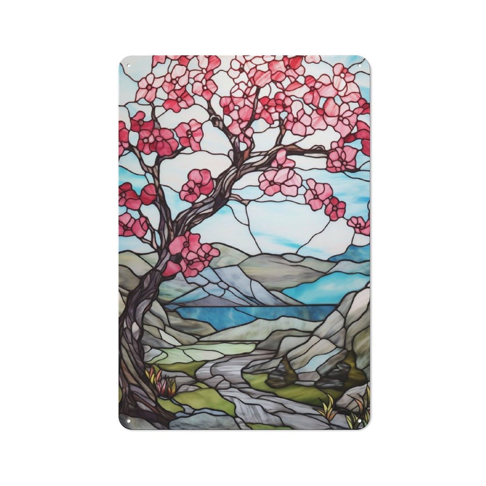 Junmoney Stained Glass Blossom Tree Rustic Tin Wall Sign 30X20cm, Kitchen Wall Decor For Bakery, Diner, Cafe Or Family Room