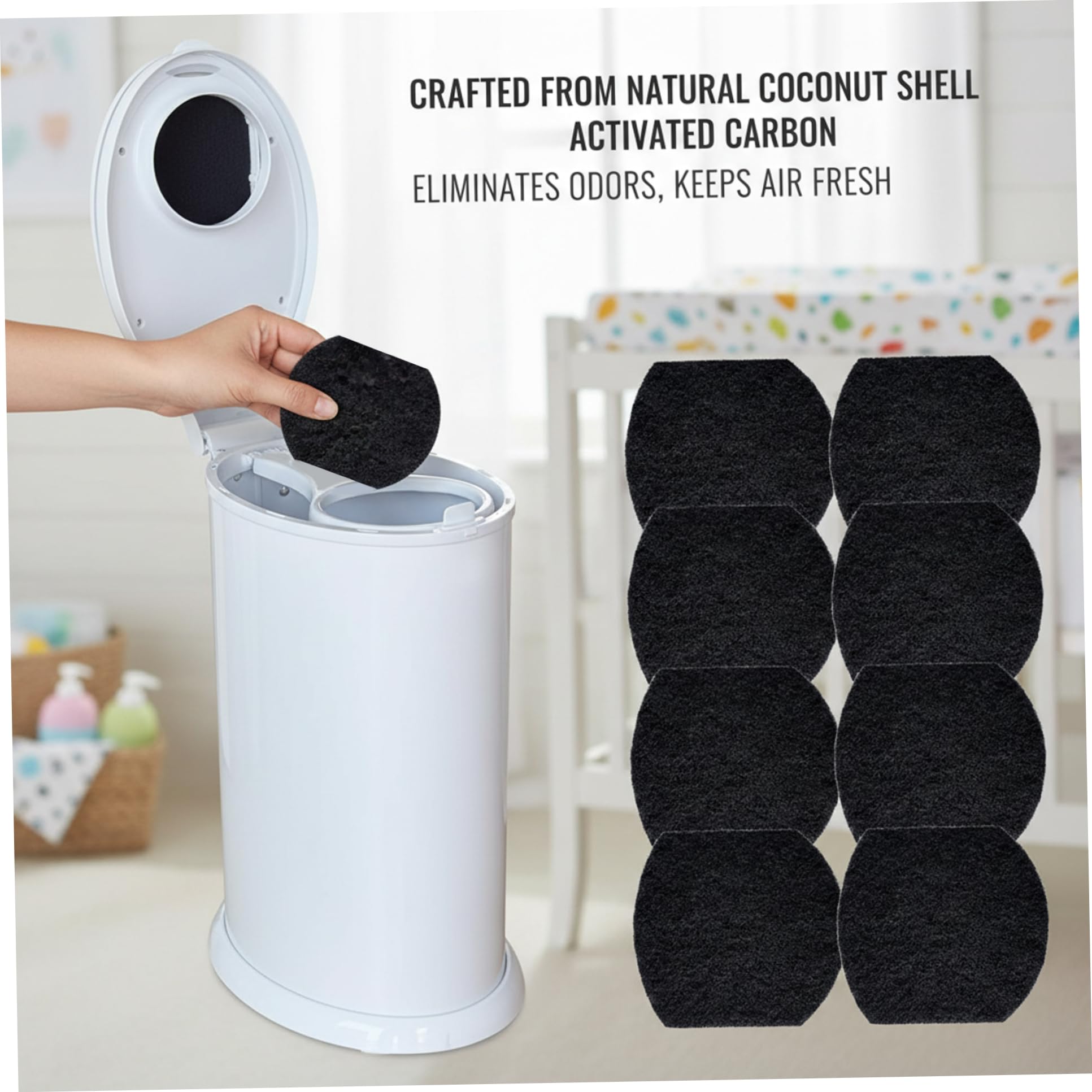 Désodorisant pour seau à couches 8 pièces, éliminateurs d'odeurs de seau à couches, filtres charbon actif absorbant les odeurs pour poubelle de bébé, éliminateurs pour