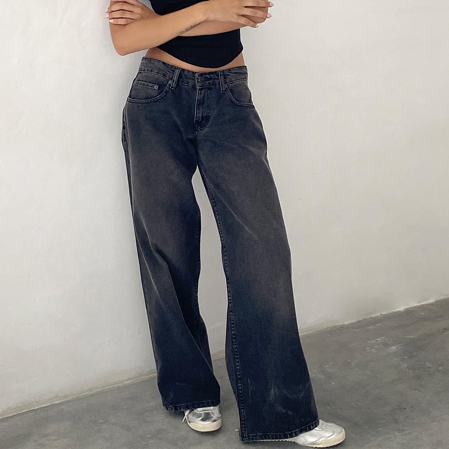 Kodaruber Women Y2k Low Rise Baggy Jeans Loose Fit Boyfriend Straight Wide Leg Jeans Trendy Stretch Long Denim Pants
