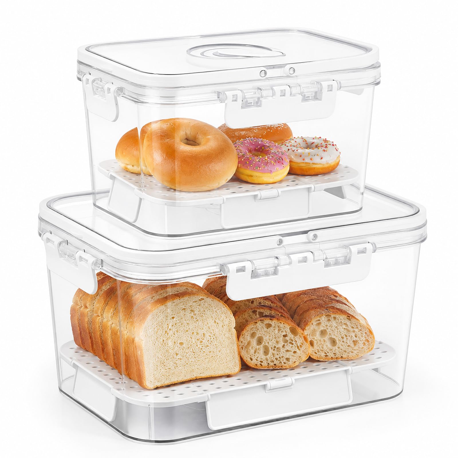 Worephu 2 Pcs Airtight Bread Bin, Time Recording Food Container with Lid & Handle, Removable Drain Tray, BPA-Free PET Clear Box, for Bread, Fruits, Fresh Food & Kitchen Storage, Fridge & Outdoor Use