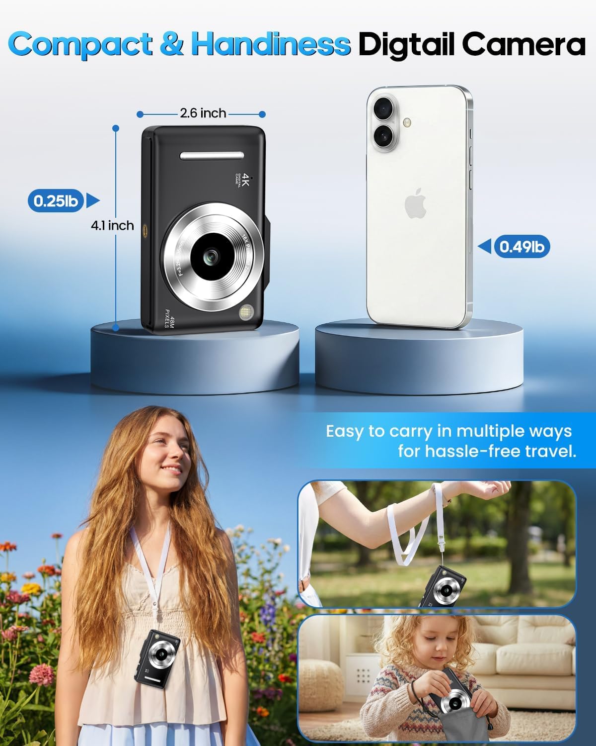 Fotocamera digitale 4K per bambini, 48 MP, autofocus, vlogging, con scheda da 32 GB, zoom 16x, anti-shake, fotocamera compatta per adolescenti e principianti, regalo di compleanno, colore nero