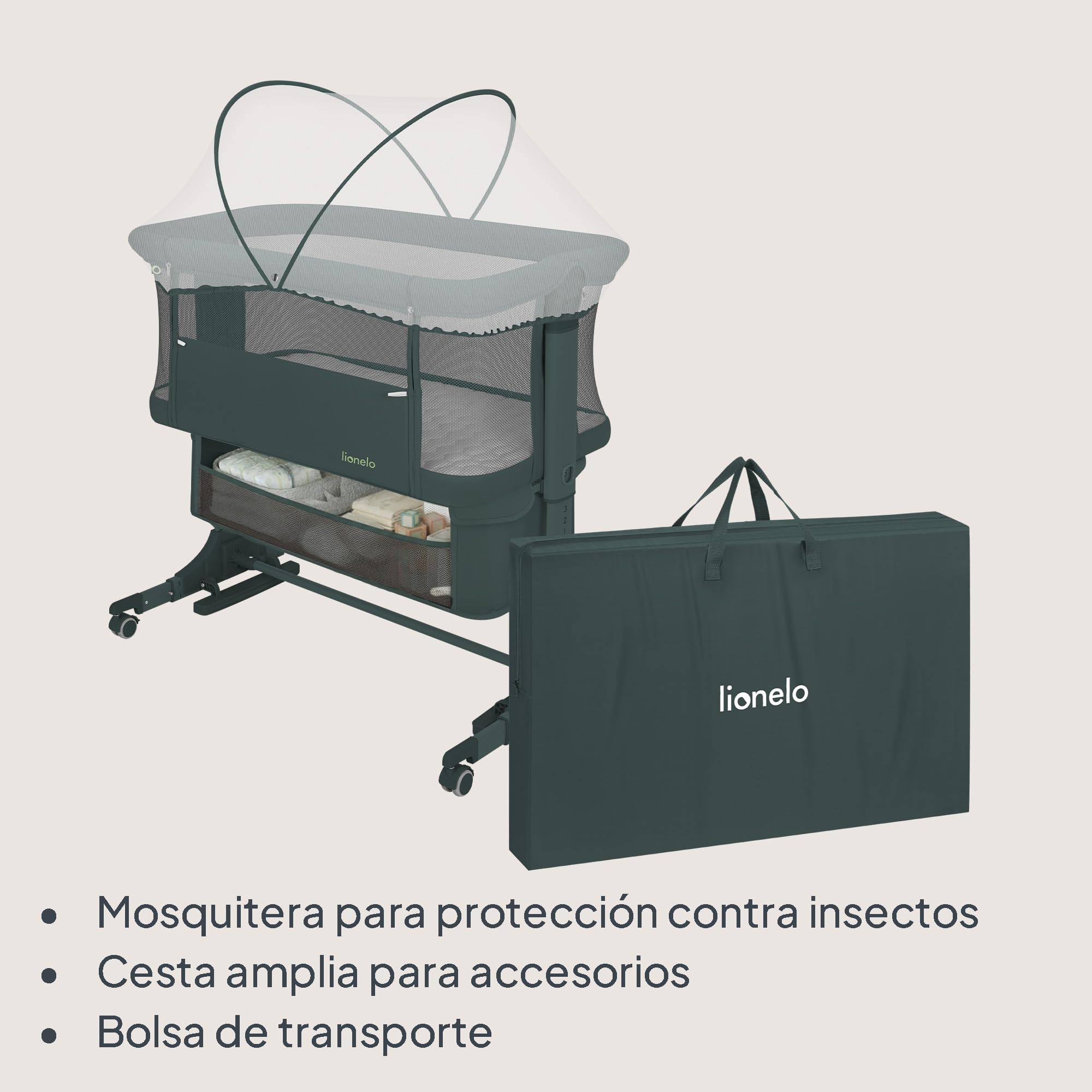 lionelo Jodie Cuna 3 en 1 hasta 9 kg, Cuna de colecho, Cama Mecedora, Ajuste de Altura e inclinación del colchón, 4 Ruedas con Freno, Colchón Ergonómico, Malla Transpirable, Bolsa, Mosquitera