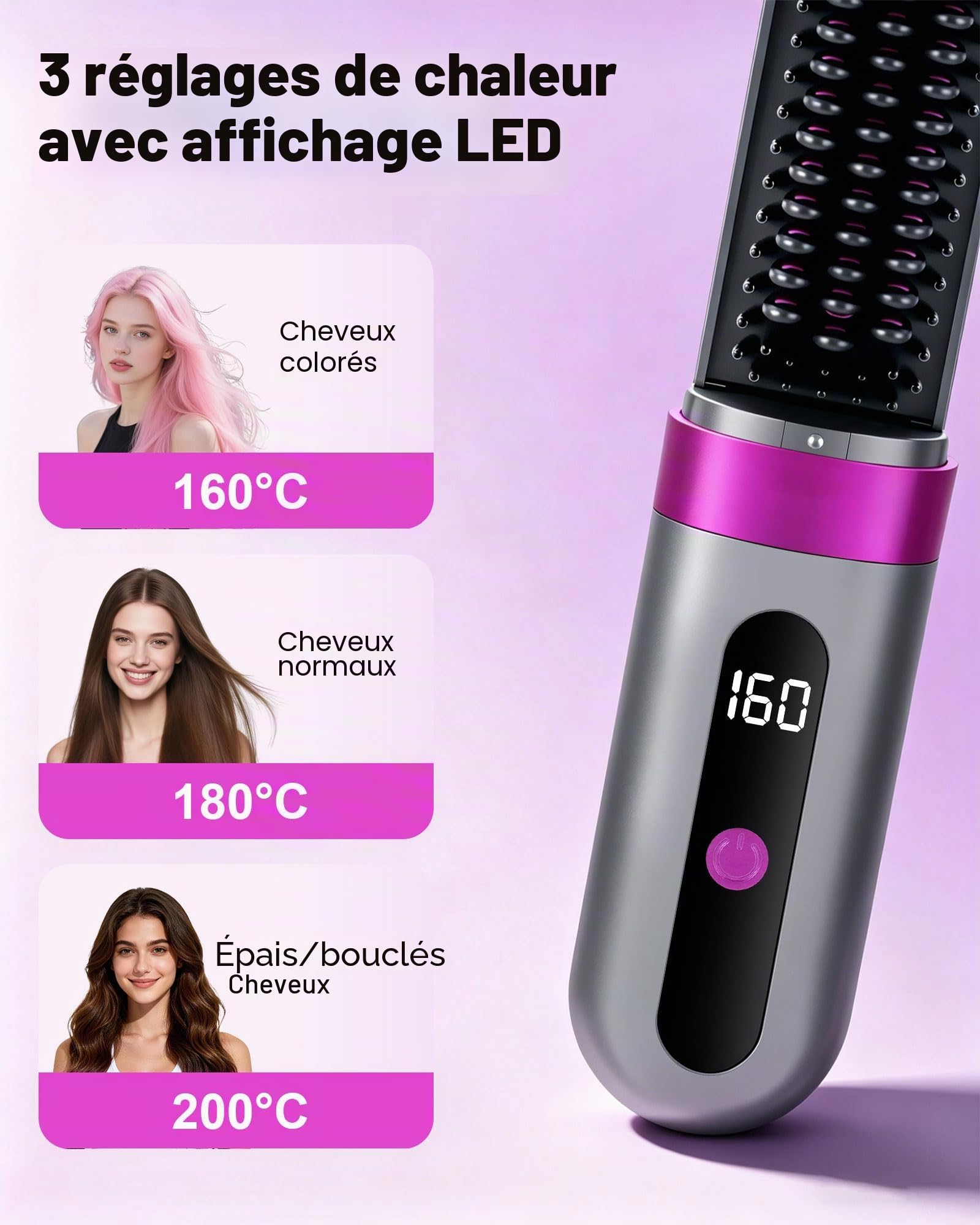 Brosse à lisser sans fil avec batterie, brosse lissante ionique 160–200 °C, 3 niveaux de température, écran LED, brosse à lisser en céramique USB-C, portable pour voyage et coiffage