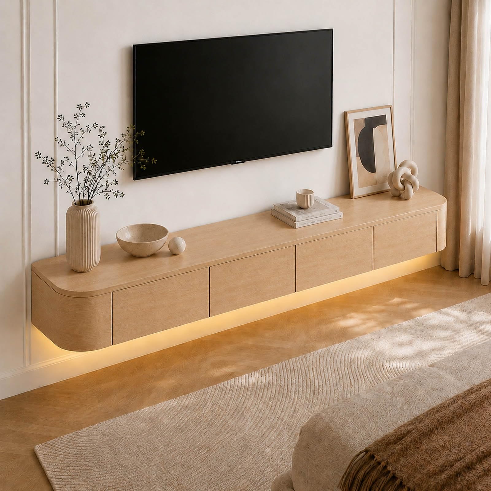 Meuble TV Flottant, Étagères TV Murales avec Porte, Meuble Bas Suspendu avec Rangement, Passe-Fils, Bords Arrondis, pour Chambre Gaming, Entrée, Appartement, Dortoir(Wood+LED,L3m)