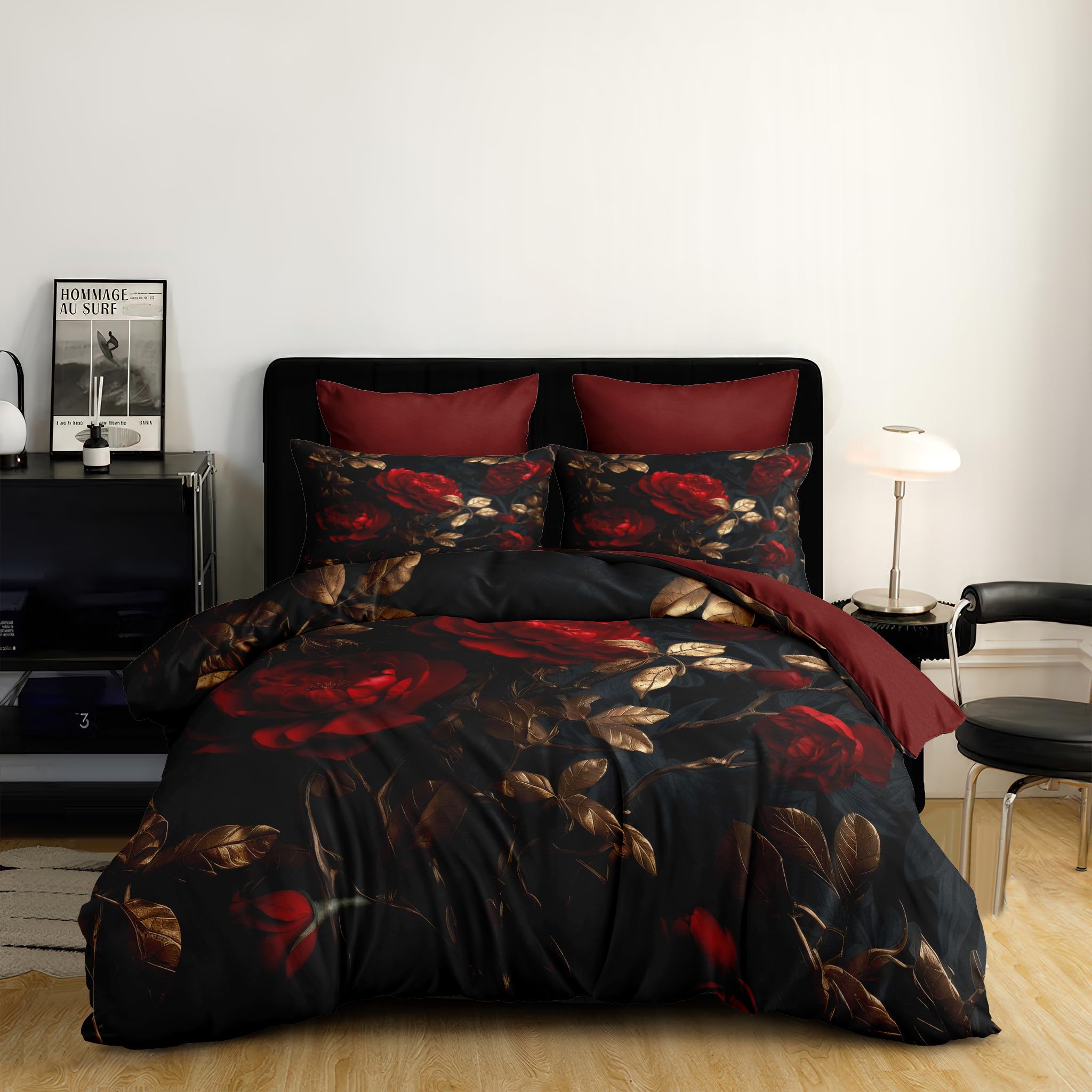 CCoutueChen Romantic Roses Comforter Set King Size 3Pcs Black Red Botanical Floral Bedding for Adult Women Gold Leaves Pattern Decor - Soft Warm Fluffy(104 * 90)