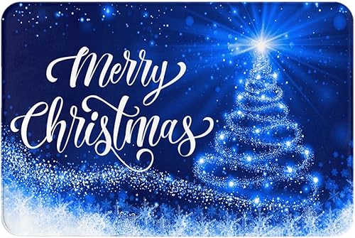 DADABULIU Tapete de baño con texto en inglés "Merry Christmas", tapete de ducha de árbol de nieve azul, tapete de espuma viscoelástica,